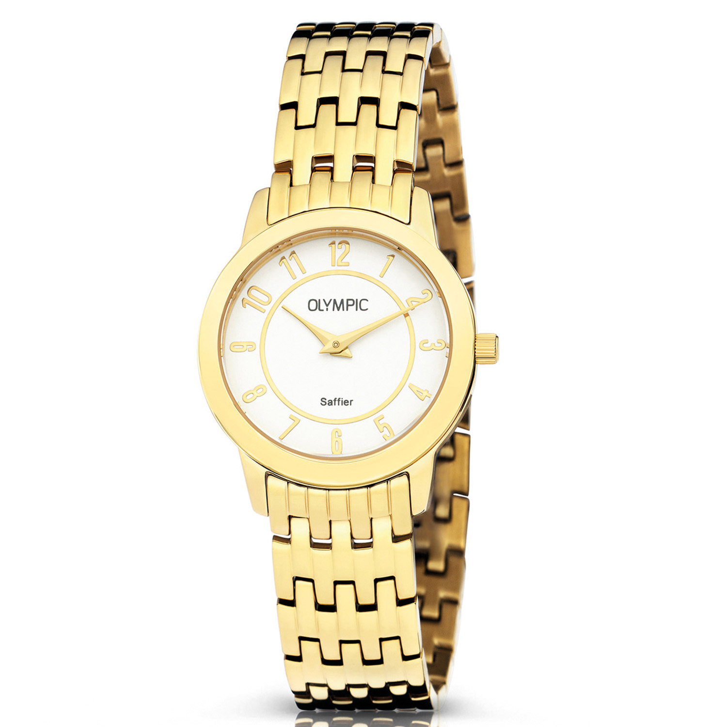 Olympic OL66DDD006 FLEUR Horloge - Double -Bracelet - Arabisch - 32mm 
Dit unieke Olympic horloge met artikelnummer: OL66DDD006 is een stijlvol klassiek dameshorloge. De stalen goudkleurige kast heeft een gladde bezel en een witte wijzerplaat. De uursaanduiding is opvallend door de sierlijke wijzers en cijfers in het arabisch. Dit geeft het horloge een chique uiterlijk. Aan de stalen kast zit een fijne goudkleurige schakelband met een druksluiting. Het horloge heeft een mineraalglas, een doorsnee van 32mm en is 3ATM.

Waterdichtheid 10ATM
Dit horloge is bestand tegen water bij het zwemmen en douchen. Dit horloge is niet bestand tegen (grote) waterdruk dus je kunt er niet mee duiken.
Waterdichtheid 3ATM
Dit horloge is spatwaterdicht. Niet geschikt om mee te zwemmen en douchen.

Het merk:
Het Nederlandse horlogemerk Olympic levert stoere chronografen, slimline series, digitale uurwerken en elegante dameshorloges. De prijs-kwaliteitverhouding staat bij Olympic hoog in het vaandel met prijzen die uiteenlopen van &euro; 34,95 tot en met &euro; 159,00.

100% Nederlands ontwerp, waterdicht en standaard 3 jaar fabrieksgarantie.

Specificaties:
- Ronde kast &Oslash; 32mm
- Stalen goudkleurige horlogekast
- Witte wijzerplaat
- Stalen goudkleurige schakelband
- 3ATM 
- Standaard 3 jaar fabrieksgarantie
- Mineraalglas