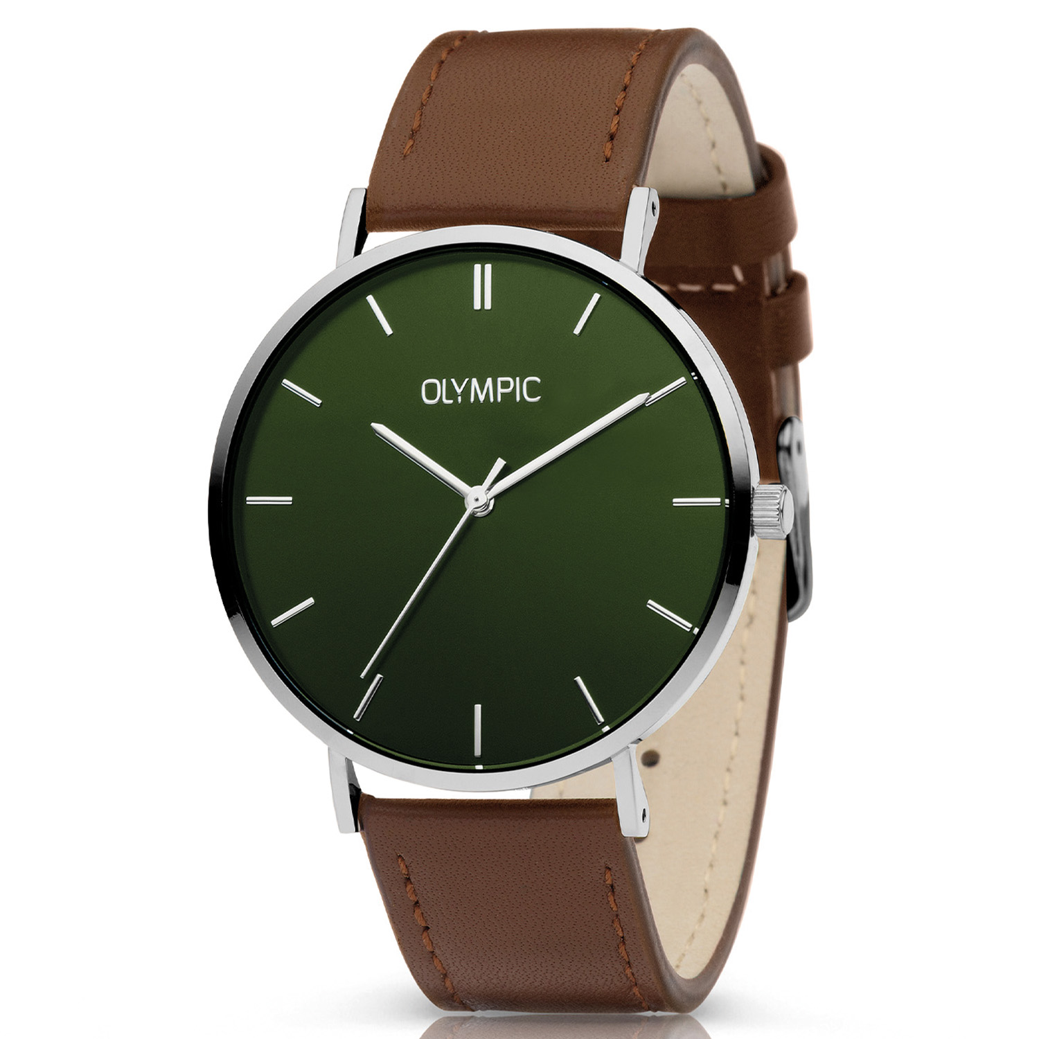 Olympic OL66HSL017 SAM Horloge - Staal - Leer - Bruin - 42mm 
Dit unieke Olympic horloge met artikelnummer: OL66HSL017 is een stijlvol klassiek herenhorloge. De stalen kast heeft een gladde bezel en een groene wijzerplaat. De uursaanduiding is verfijnd door de strakke wijzers en de dunne streepjes op de uren. Dit geeft het horloge een chique uiterlijk. Aan de stalen kast zit een gladde bruine lerenband met een gespsluiting. Het horloge heeft een mineraalglas, een doorsnee van 42mm en is 5ATM.

Waterdichtheid 10ATM
Dit horloge is bestand tegen water bij het zwemmen en douchen. Dit horloge is niet bestand tegen (grote) waterdruk dus je kunt er niet mee duiken.
Waterdichtheid  5ATM
Dit horloge is regen en spatwaterdicht. Niet geschikt om mee te zwemmen en douchen.
Waterdichtheid 3ATM
Dit horloge is spatwaterdicht. Niet geschikt om mee te zwemmen en douchen.

Het merk:
Het Nederlandse horlogemerk Olympic levert stoere chronografen, slimline series, digitale uurwerken en elegante dameshorloges. De prijs-kwaliteitverhouding staat bij Olympic hoog in het vaandel met prijzen die uiteenlopen van &euro; 34,95 tot en met &euro; 159,00.

100% Nederlands ontwerp, waterdicht en standaard 3 jaar fabrieksgarantie.

Specificaties:
- Ronde kast &Oslash; 42mm
- Stalen horlogekast
- Groene wijzerplaat
- Bruin lerenband
- 5ATM 
- Standaard 3 jaar fabrieksgarantie
- Mineraalglas