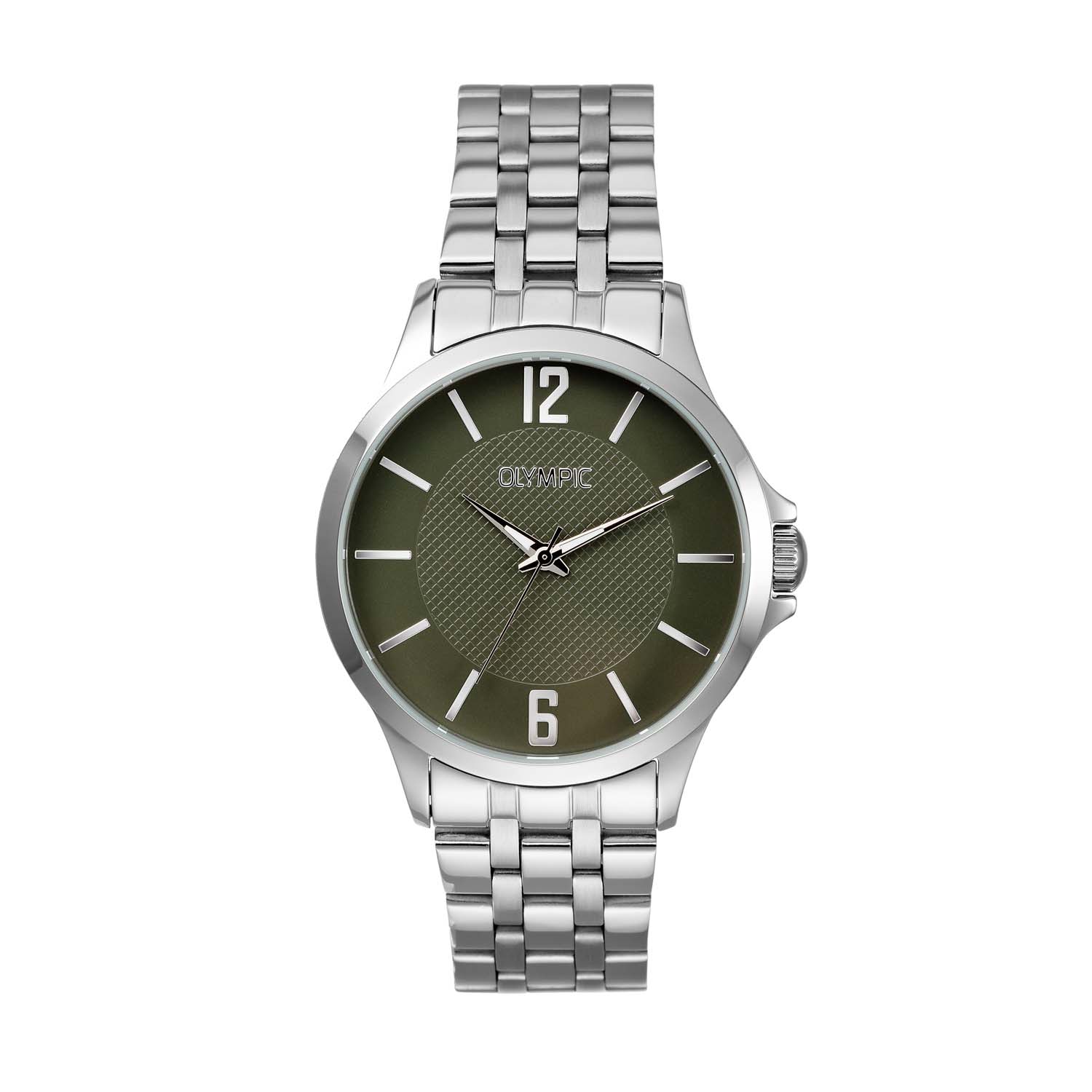 Dit Olympic herenhorloge model OL72HSS403 heeft een analoge wijzerplaat met groene strepen en een zilverkleurige roestvrijstalen kast en armband. Uitgerust met een quartz uurwerk en een mineraalglas, is het tot 5 ATM waterdicht. De ronde kast heeft een diameter van 40 mm en een dikte van 9 mm. Perfect voor dagelijks gebruik of formele gelegenheden.