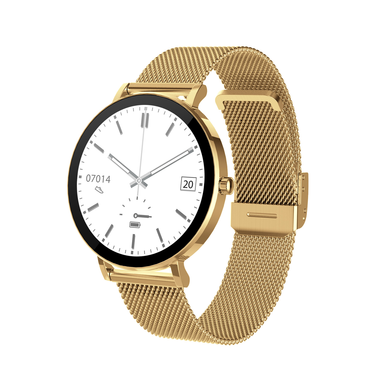 De Smarty Smartwatch SW079C biedt moderne functies zoals smartconnectiviteit, zij het zonder Zwitserse beweging of datumfunctie. Het is waterdicht tot niveau 3 en nikkelvrij, wat goed is voor de huid. De ronde kast van 41 mm is gemaakt van metaal, met een gouden milanese band van roestvrij staal. Perfect voor dagelijks gebruik of formele gelegenheden. 