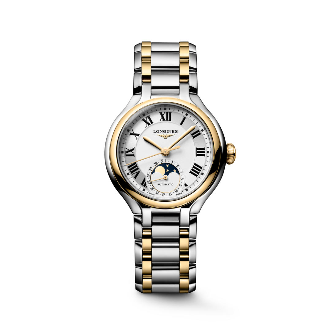 LONGINES PRIMALUNA MOONPHASE, L8.126.5.79.7, Automaat horloge, Ø 34.00 mm, Roestvrij staal en 18-karaats geelgouden cap 200.