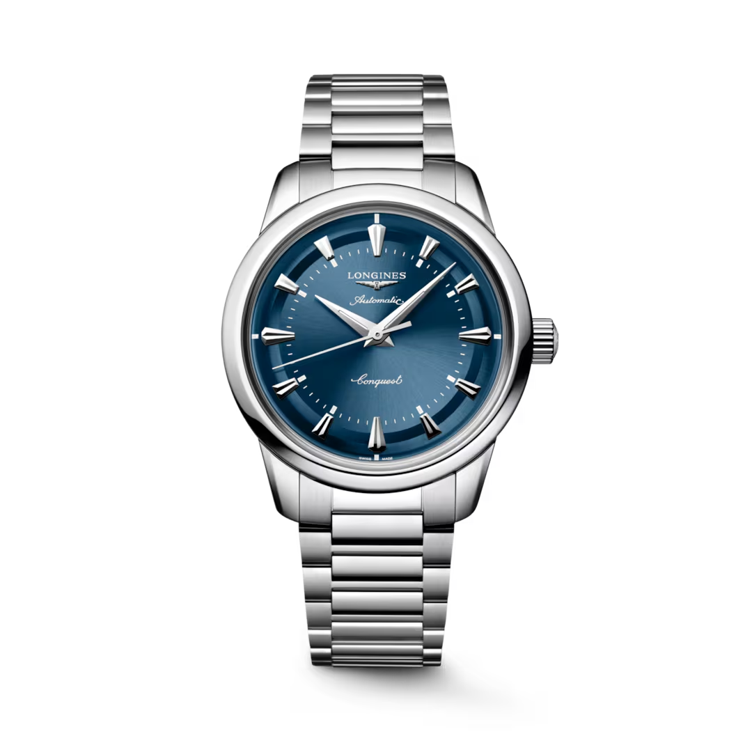 een polshorloge Longines model Conquest Heritage met blauwe wijzerplaat