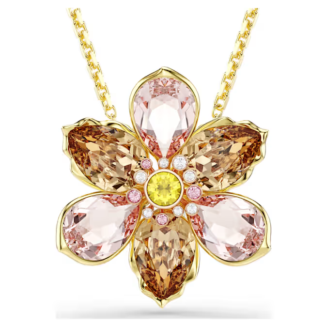 Deze beeldschone Idyllia-sieraden combineren veelzijdigheid met een prachtige stijl. De hanger met goudkleurige toplaag toont een enkele bloem, gemaakt van kristallen in diverse slijpvormen en zachte kleuren, die van de verstelbare ketting kan worden verwijderd om als een prachtige broche te worden gedragen. Een prachtig cadeau voor uzelf of iemand die van de natuur houdt.
