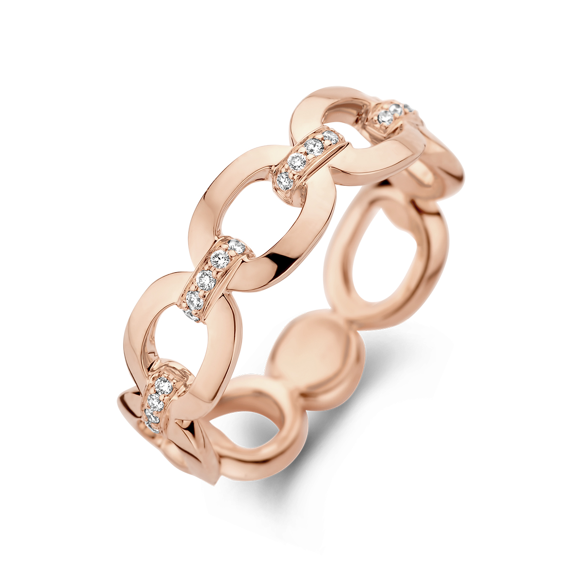 14k Rosegouden ring uitgevoerd met een schitterende diamant rij. De ring heeft een breedte van 6mm.
