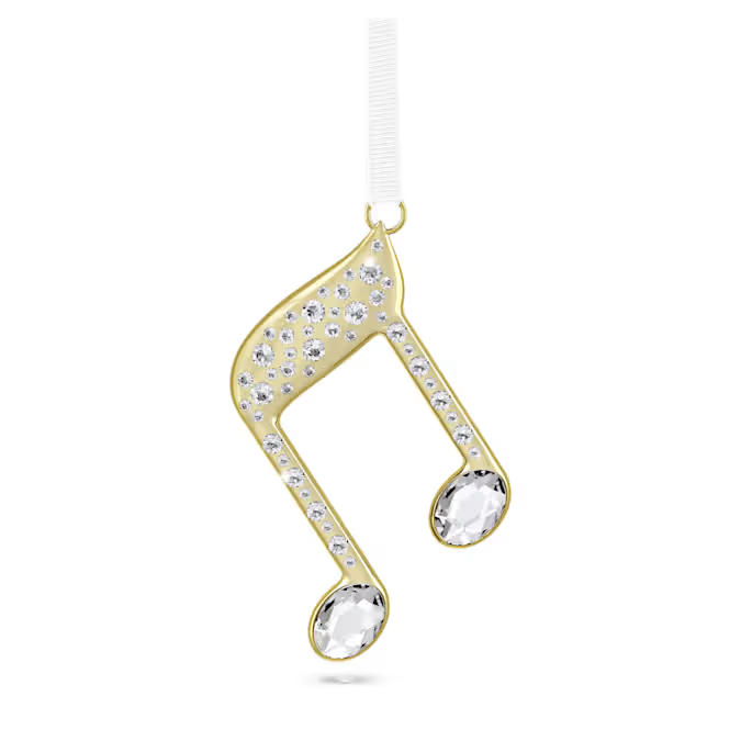 Vier uw liefde voor eindejaarsliedjes met dit verfijnde ornament van een dubbele muzieknoot. De luxueuze ornament hangt aan een wit ripsband lint en is vervaardigd uit glanzend champagnegoudkleurig metaal en gedecoreerd met heldere kristallen aan beide zijden. Het geeft beeldschone lichtreflecties om het hele seizoen van te genieten. Het is een uniek cadeau voor iedereen die van vreugdevolle melodieën houdt. Decoratieobject. Geen speelgoed. Niet geschikt voor kinderen jonger dan 15 jaar.