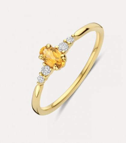 LOVO Citrine ring.
LOVO is een verfijnde geel gouden ring met 0.07 crt. H/Si briljant geslepen diamanten en een prachtige ovale Citrine.