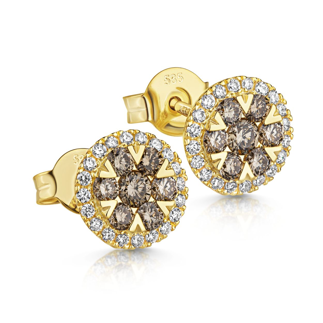 Diese auffälligen 585/- Gelbgold Brillant-Ohrstecker mit 7 Champagner farbenden und 28 weiße Brillanten ergänzen sich zu einer wunderschönen Blume und lassen sich am besten mit schlichten Schmuckstücken kombinieren. Ergänzen Sie sie mit dem passenden Ring und der Kette, um ihre Extravaganz zu betonen. Ideal, um jedem Outfit einen Hauch von Eleganz zu verleihen und Ihre natürliche Schönheit hervorzuheben.