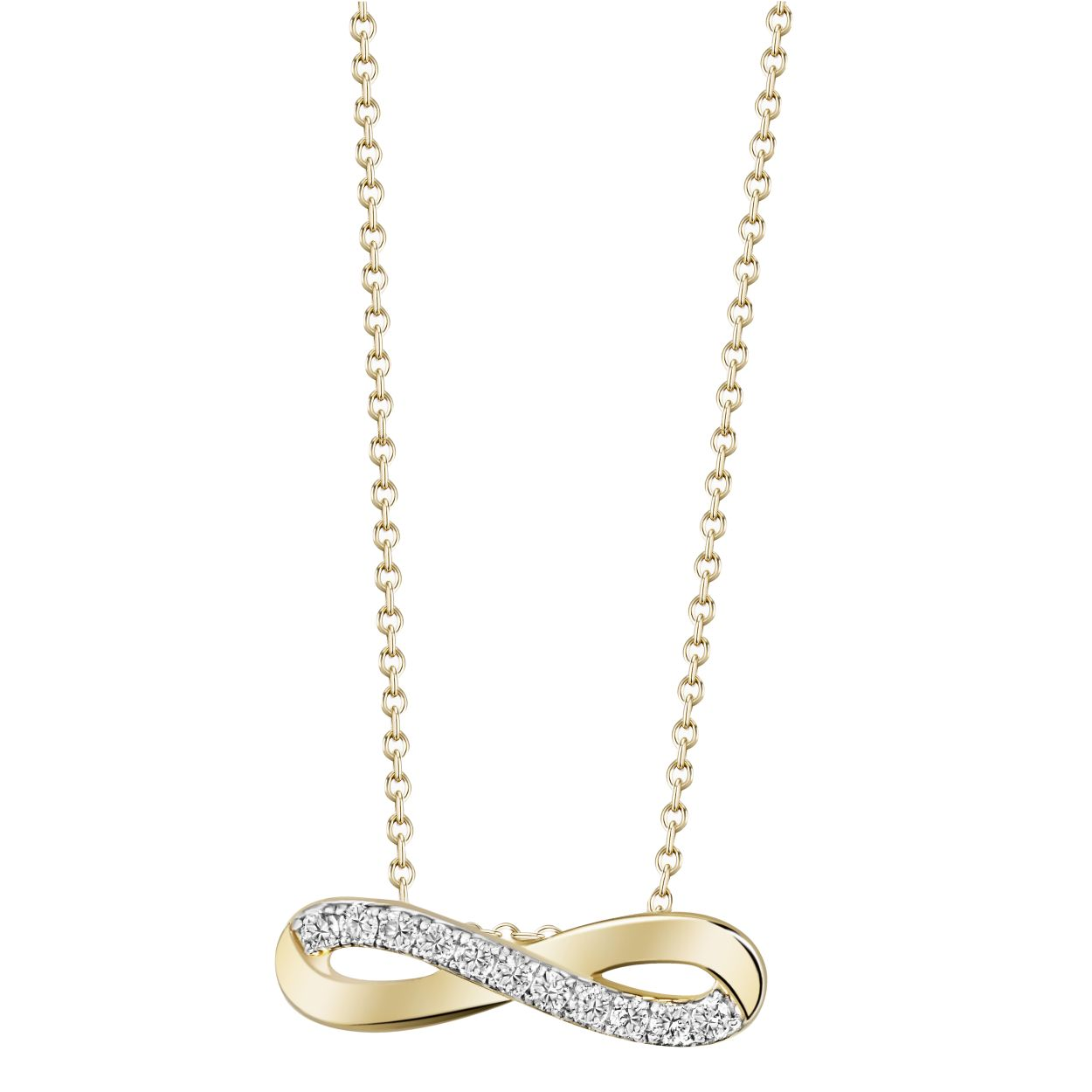 Zeitlose Eleganz in Gold.Diese zarte Kette aus edlem Gelbgold vereint klassische Schönheit mit symolischer Bedeutung. Der Anhänger in Form eines Unedlichkeitszeichens steht für ewige Verbundenheit und endloser Liebe. Veredelt wird das Schmuckstück durch funkelnde Brillanten. Diese Kette ist ein Ausdruck von Beständigkeit und Sil.