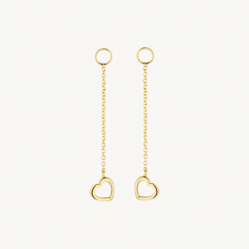 Deze 14k geelgouden oorbedels hebben een hanger in de vorm van een hartje. Een prachtig cadeau voor jezelf of een geliefde. Ze hebben een lengte van 2,8 cm en je schuift ze eenvoudig om een oorring. De bedels matchen mooi met andere oorsieraden uit onze collectie.