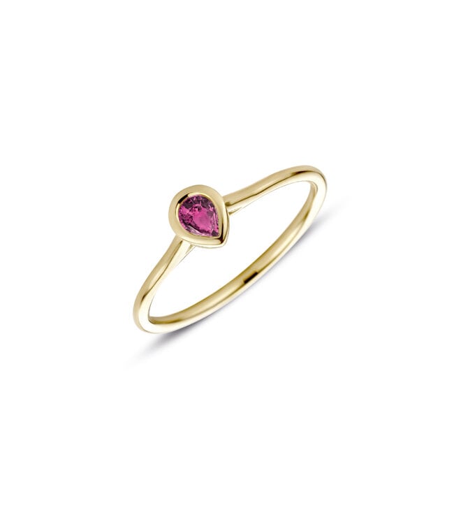 Elegante Geelgouden ring van het Nederlandse merk Miss Spring. De ring is gemaakt van 14kt Geelgoud, en heeft in het midden een peervormige roze Toermalijn. De ring kan mooi gecombineerd gedragen worden met andere ringen, maar kan ook goed op zichzelf gedragen worden. De maat van de ring is 17, maar kan in andere maten gemaakt worden. Voor meer informatie neem dan gerust contact met ons op!