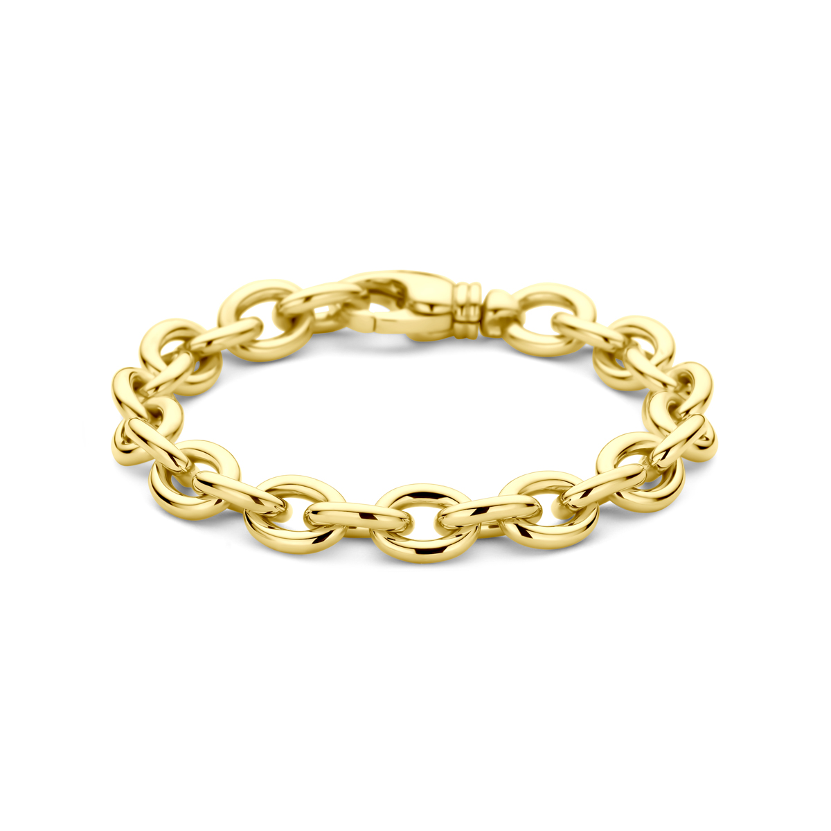 14k Geelgouden armband met een schakelbreedte van 9.5mm en een draaglengte van 19cm. Uitgevoerd met karabijnsluiting.