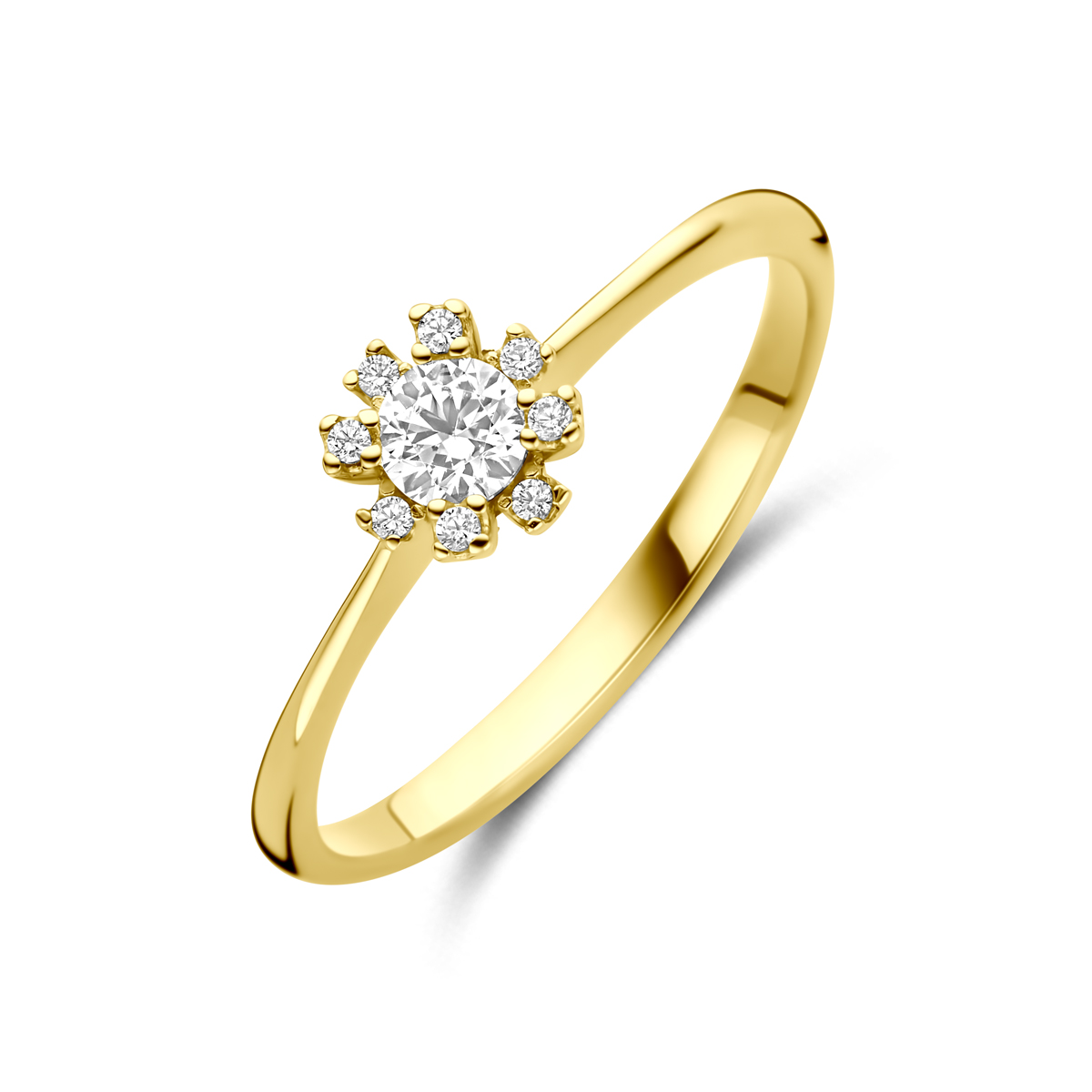 14k Geelgouden ring uitgevoerd met zirkonia. De ring heeft een breedte van 6mm.