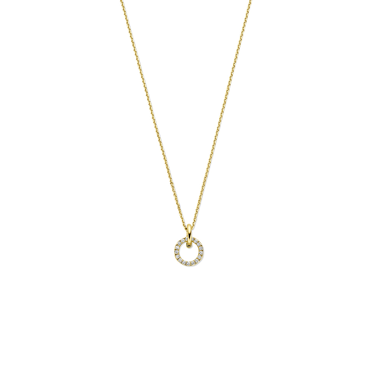 14k Geelgouden collier uitgevoerd met zirkonia. Het collier heeft draaglengtes van 40-42-44cm.