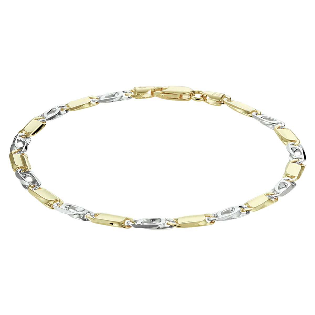 14krt bicolor wit- en geelgouden armband met een valkenoog schakel. De armband is uitgevoerd met een karabijn sluiting. De schakelbreedte is 4.3mm.