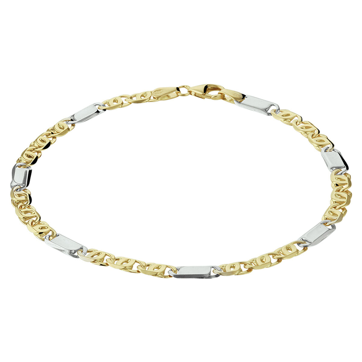 14krt bicolor geel- en witgouden valkenoog armband. De armband heeft een stevige karabijn sluiting. De schakelbreedte van 3,7mm.
