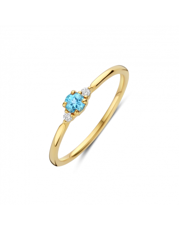 gouden ring met briljant, Mia blauw topaas+0.03ct mt17,5