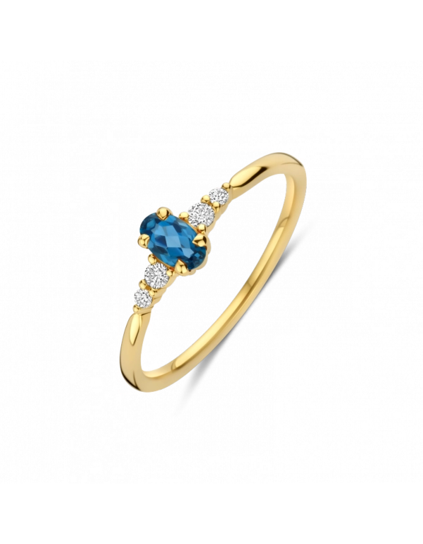 gouden ring met briljant, blauw topaas+0.07ct mt17,5