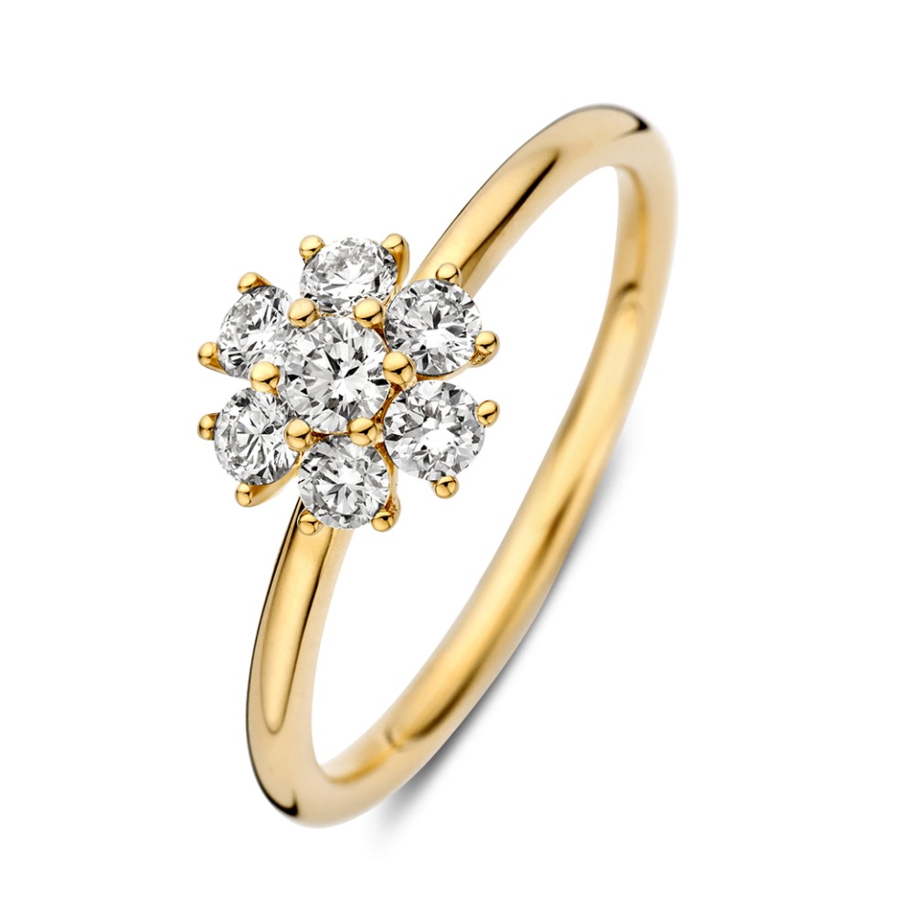Schitterende entourage ring met een klassieke diamantzetting.
