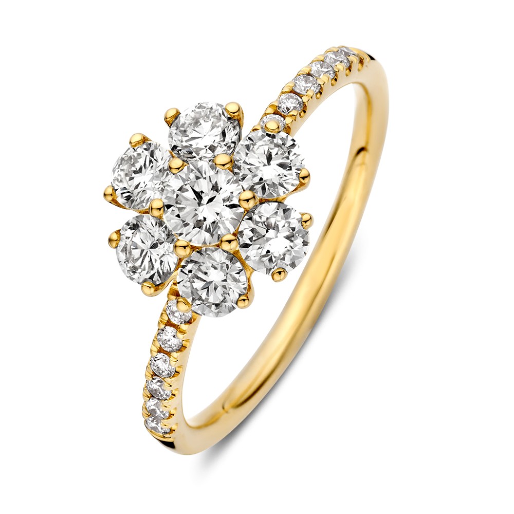 Schitterende entourage ring met een klassieke diamantzetting en fijne briljanten in de band van de ring.
