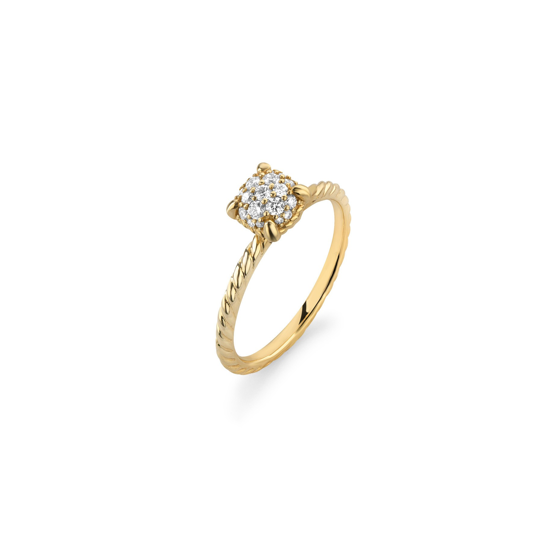 Ring Embrace Pavé is een echt diamanten snoepje. Een twist band met een pavé cushion als middensteen.

Leverbare goudkleuren: 18kts geel, wit en roségoud.

Alle R&C sieraden worden handgemaakt van verantwoord en 100% gerecycled goud.