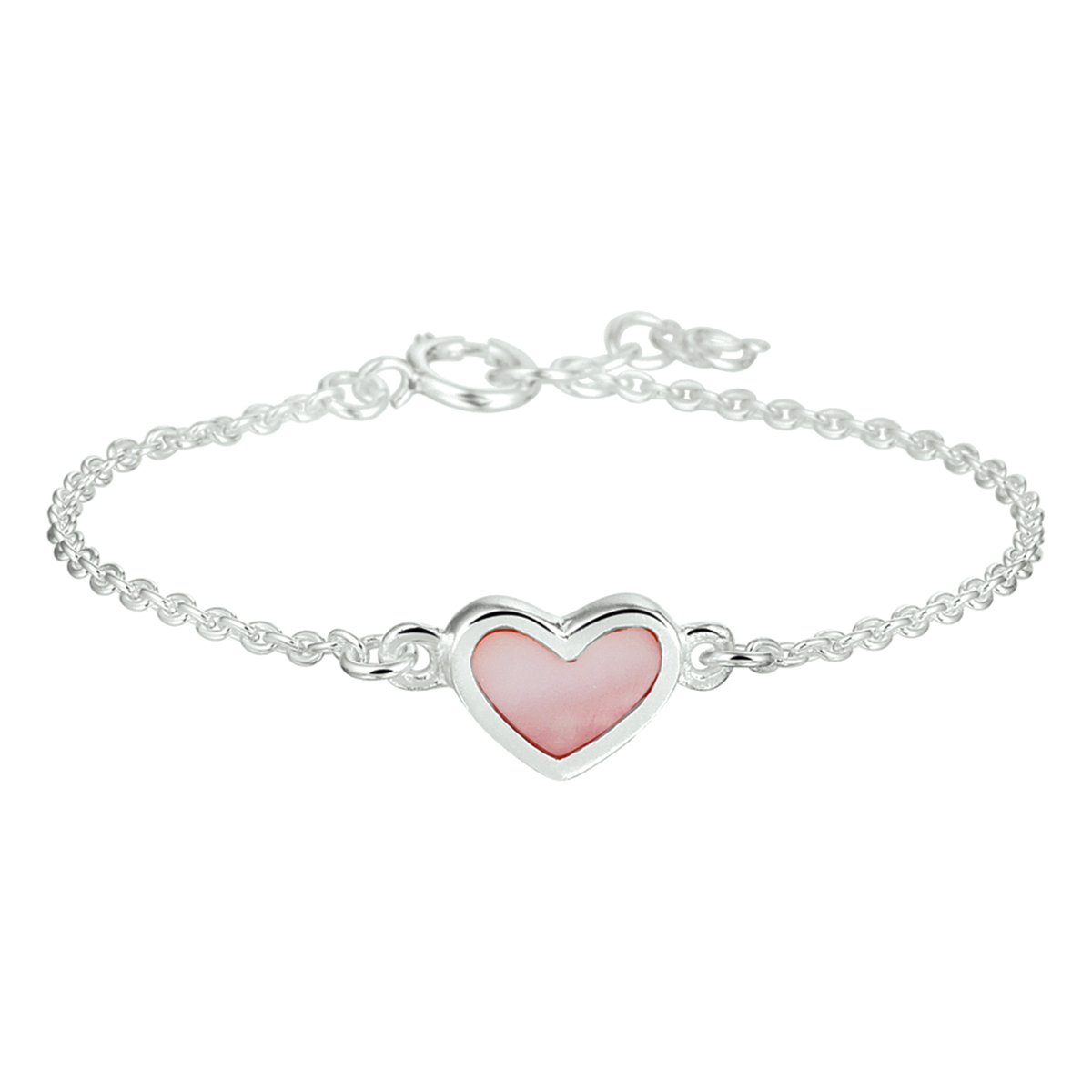 Zilveren armband met een hartje van roze parelmoer. De armband is onderdeel van een set. De lengte bedraagt 13cm met 2cm extensie.