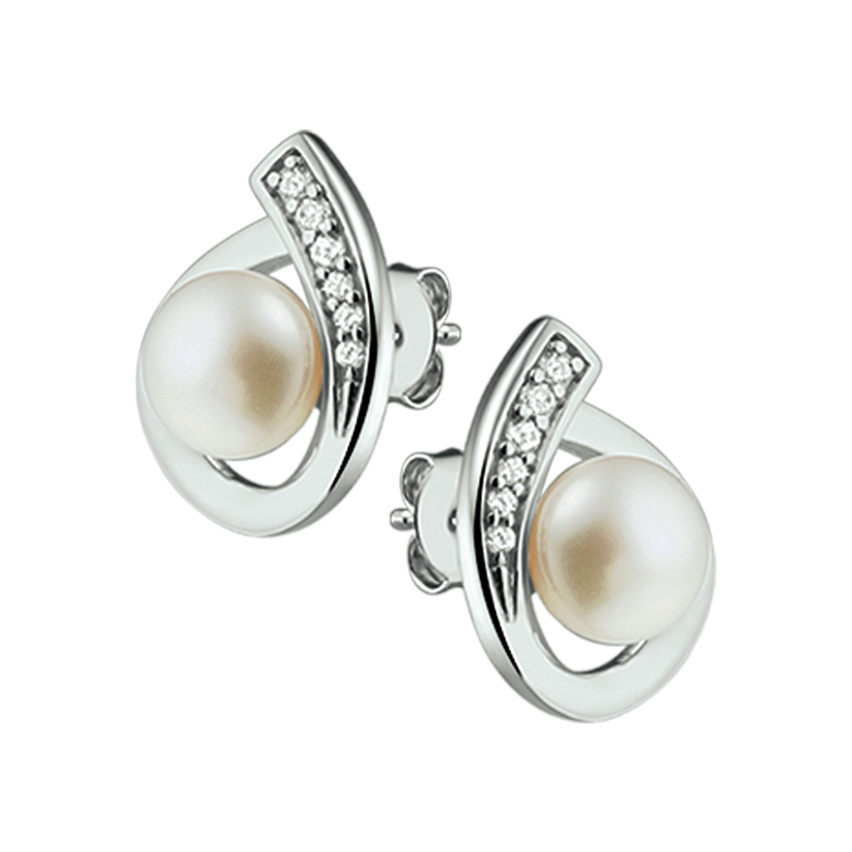 Gerhodineerd zilveren oorknoppen met zoetwaterparel en zirkonia. De oorknoppen zijn onderdeel van een set.