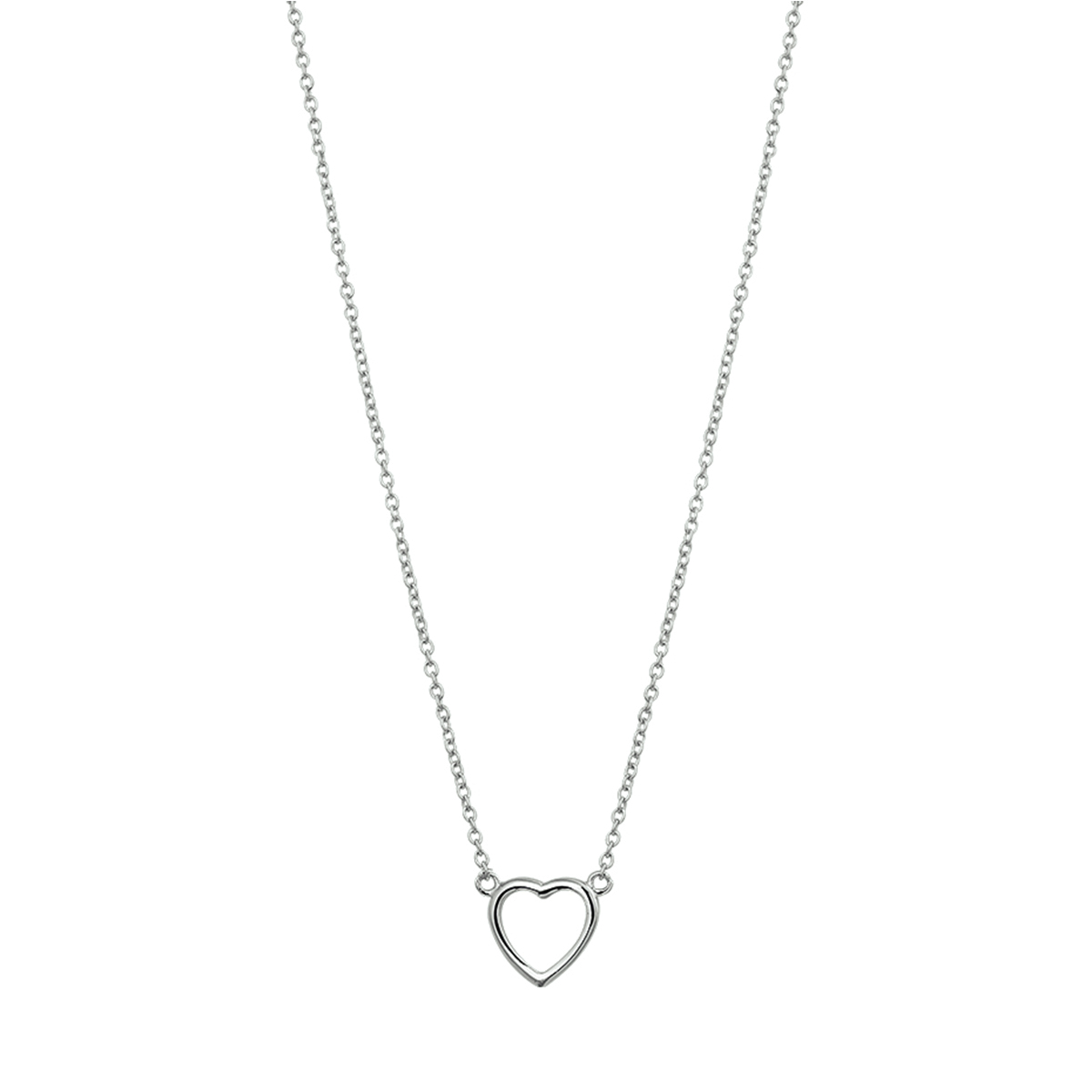 Gerhodineerd zilveren collier met een open hart. Het collier is onderdeel van een set. De lengte van  het collier bedraagt 41cm met 4cm extensie. De schakelbreedte bedraagt 1.3mm.