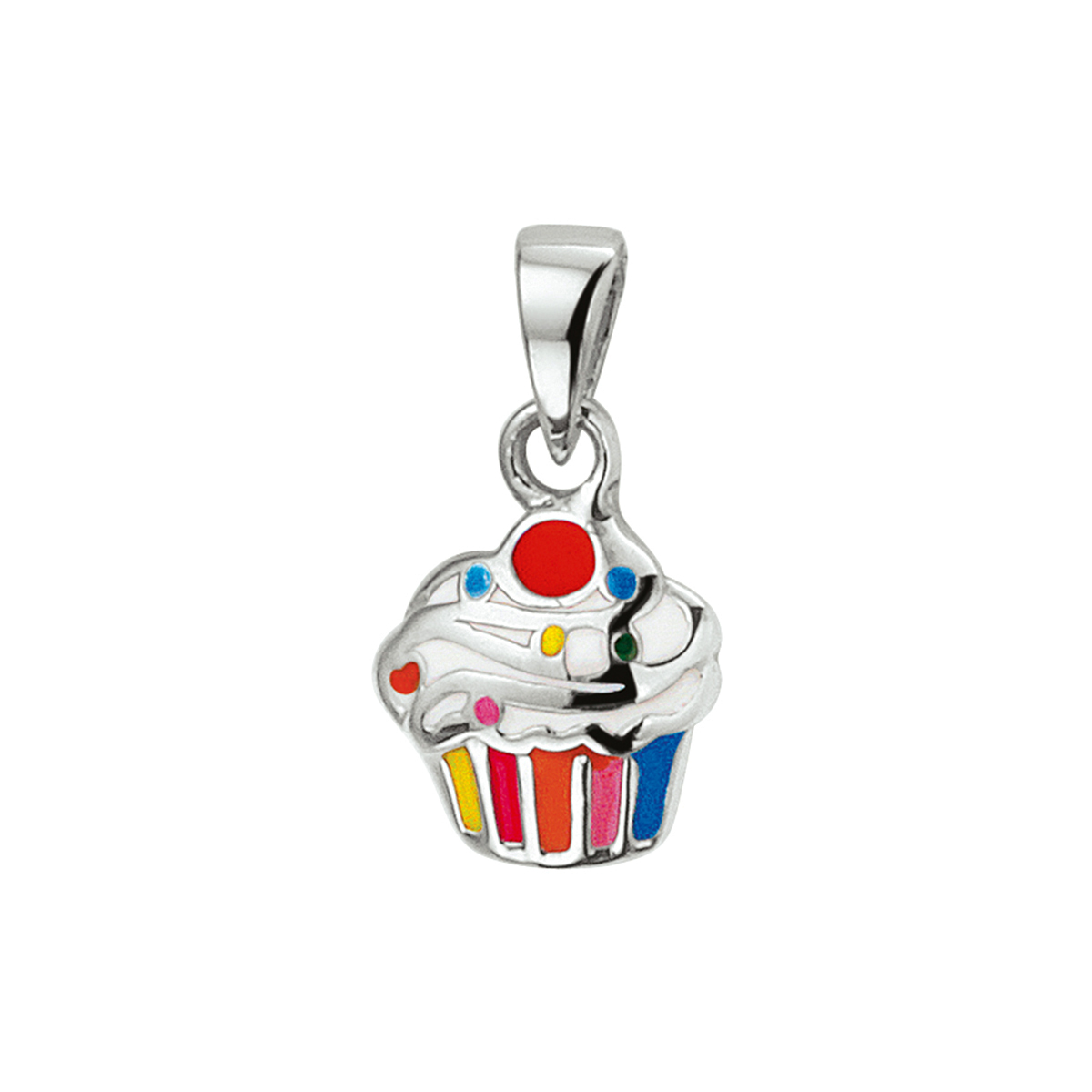 Gerhodineerd zilveren cupcake hanger uitgevoerd met verschillende kleuren emaille. De hanger heeft een afmeting an 11x8mm. U kunt deze hanger combineren met bijpassende sieraden of een collier uit onze collectie.
