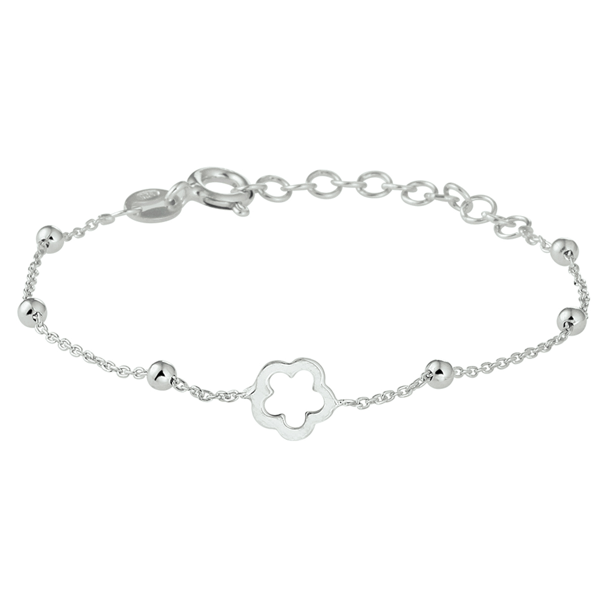 Schattig fijn gerhodineerd zilveren armband met in het midden een open bloem met een afmeting van 7mm en poli afgewerkte bolletjes van 2.5mm. De armband heeft een draaglengte van 13cm en een extensie van 3cm.