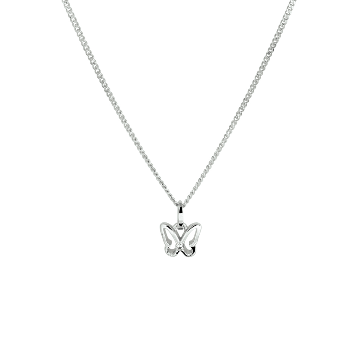 Gerhodineerd zilveren collier uitgevoerd met een hanger in de vorm van een vlinder met heldere zirkonia. Het collier heeft een draaglengte van 36cm met een extensie van 4cm en is uitgevoerd met een karabijn sluiting. De schakelbreedte is 1.4mm.