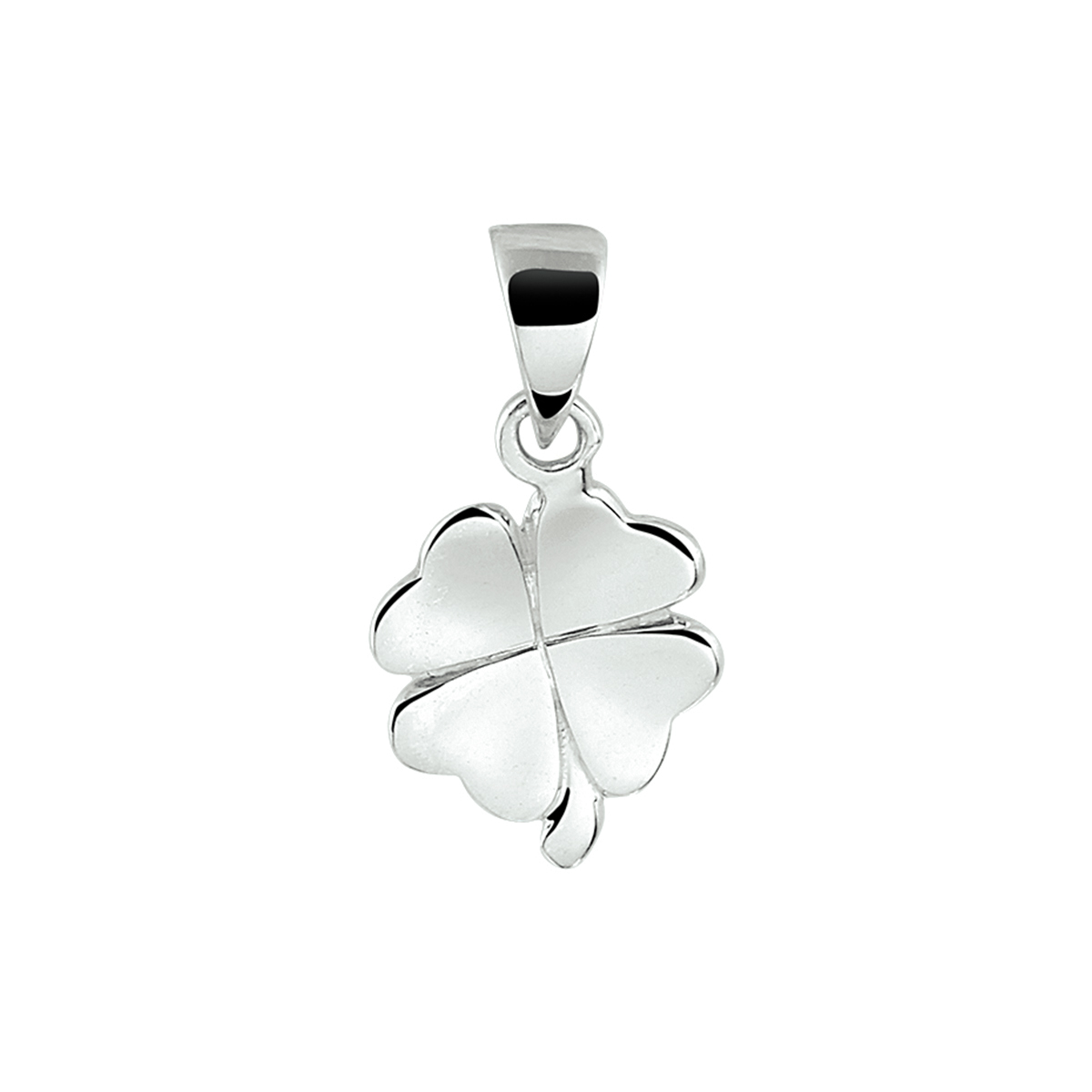 Gerhodineerd 925 zilveren hanger in de vorm van een klavertje. De hanger heeft een totale hoogte van 1.5cm. De hanger heeft een afmeting van 12.5x8mm.