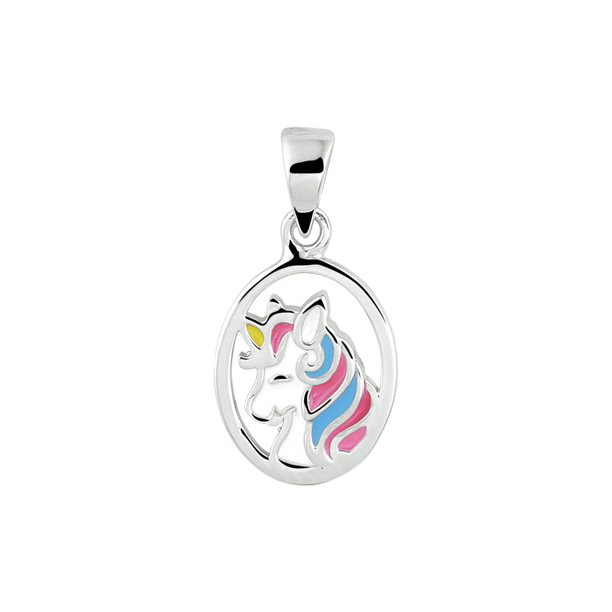 Zilveren hanger ovaal vorm met daarin een unicorn gekleurd met emaille.
Hanger is uit te breiden tot een set met bijpassende oorknoppen en ring