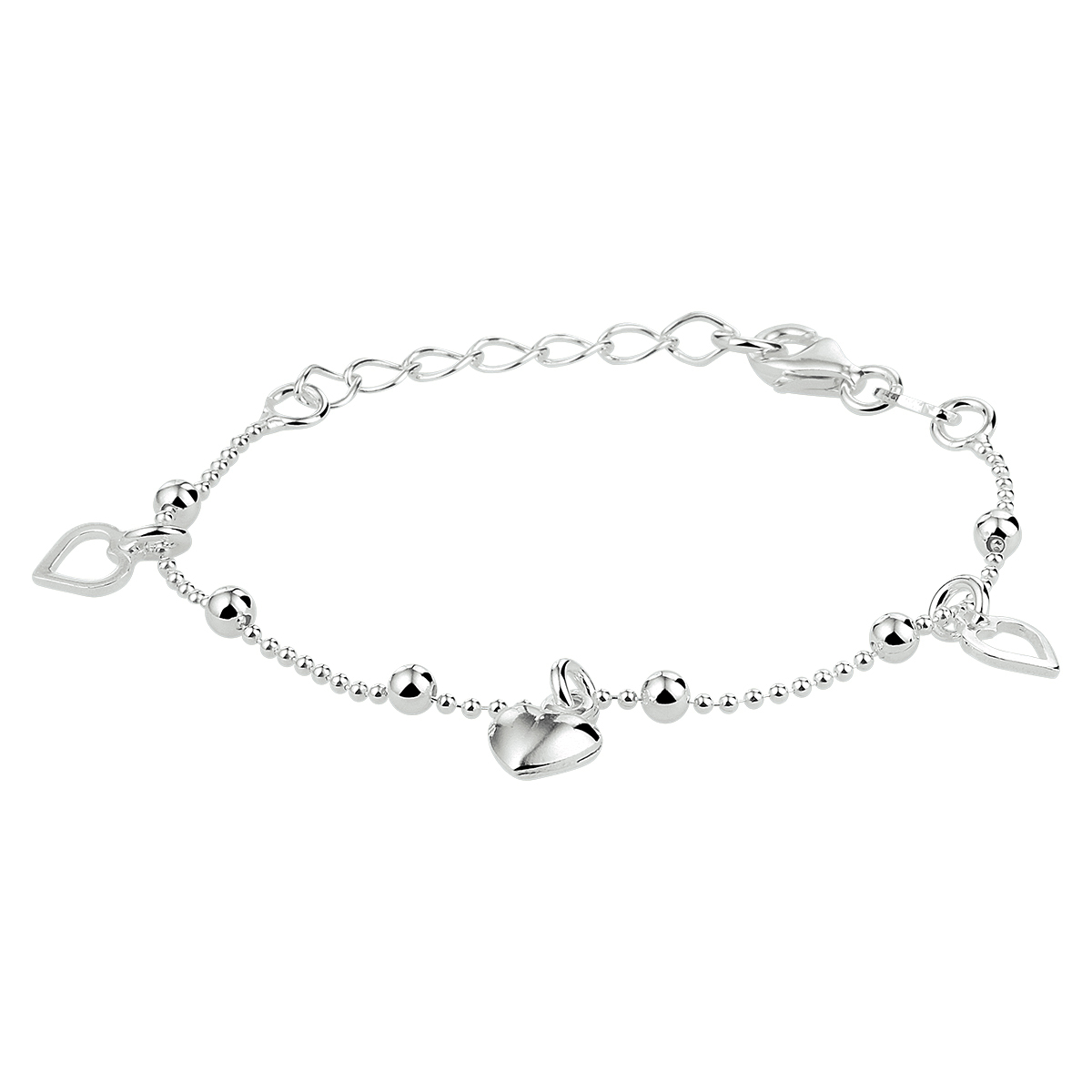 Gerhodineerd 925 zilveren armband uitgevoerd met hartjes. De armband heeft een draaglengte van 13cm met een extensie van 3cm en een stevige karabijn sluiting. De hartjes hebben een afmeting van 6x6 en 6.5x6.5mm. De schakelbreedte is 1.2mm.