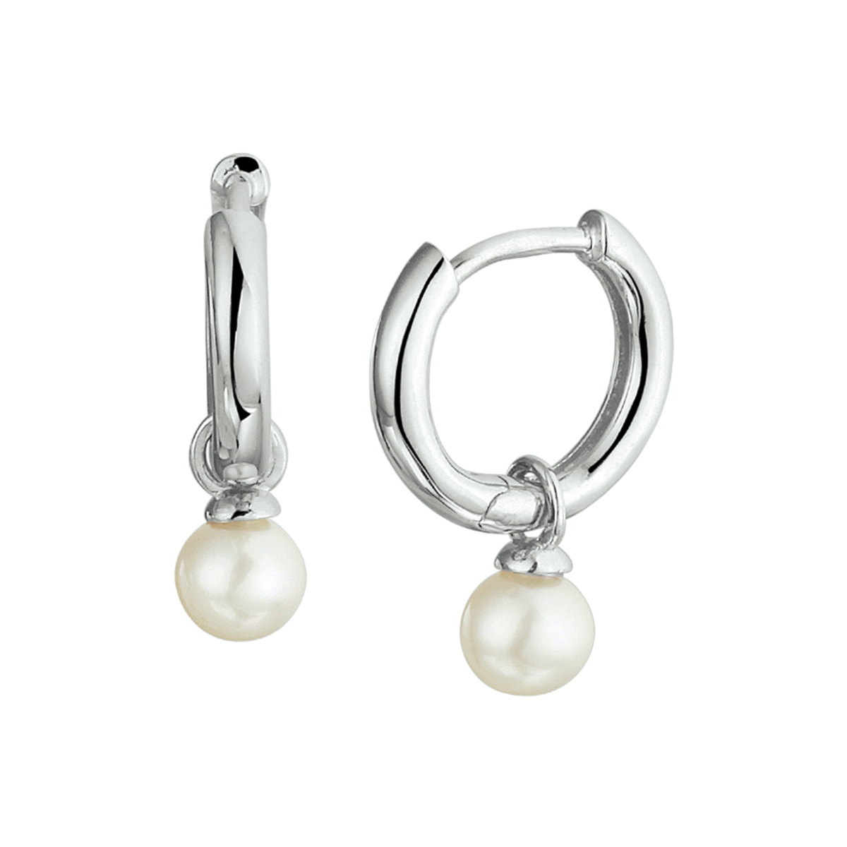 Gerhodineerd 925 zilveren klapoorringen uitgevoerd met een zoetwaterparel. De oorringen hebben een afmeting van 12x2mm. De parel heeft een diameter van 4.5mm.