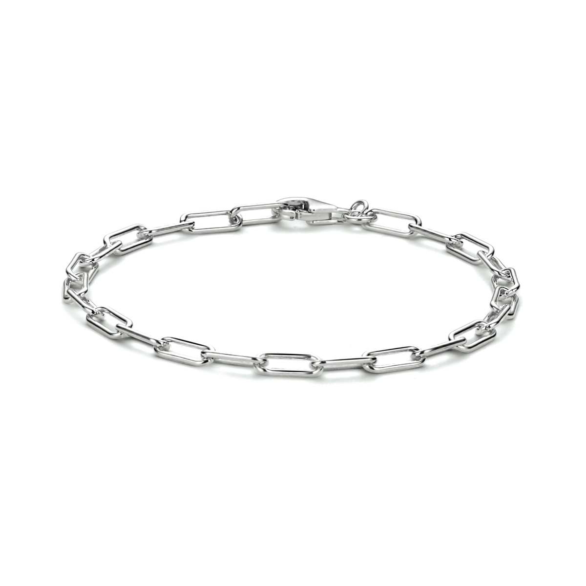 Gerhodineerd 925 zilveren paperclip armband met een schakelbreedte van 3.5mm. De armband heeft een draaglengte van 18cm en een stevige karabijn sluiting.