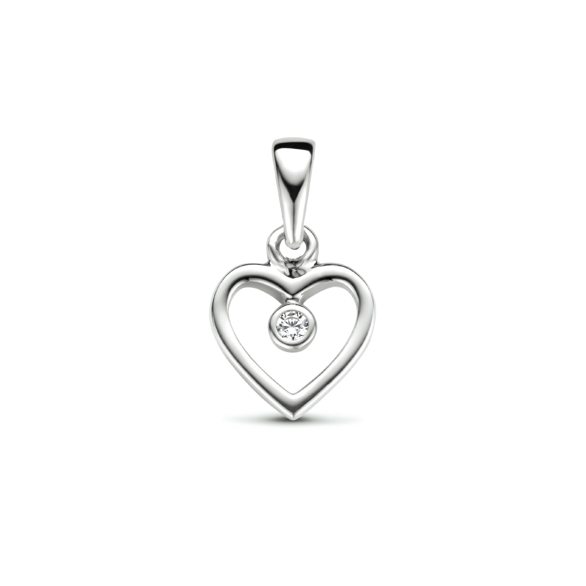 Gerhodineerd 925 zilveren, hartjes hanger uitgevoerd met een schitterende zirkonia. Het hart heeft een afmeting van 10x10.3mm.