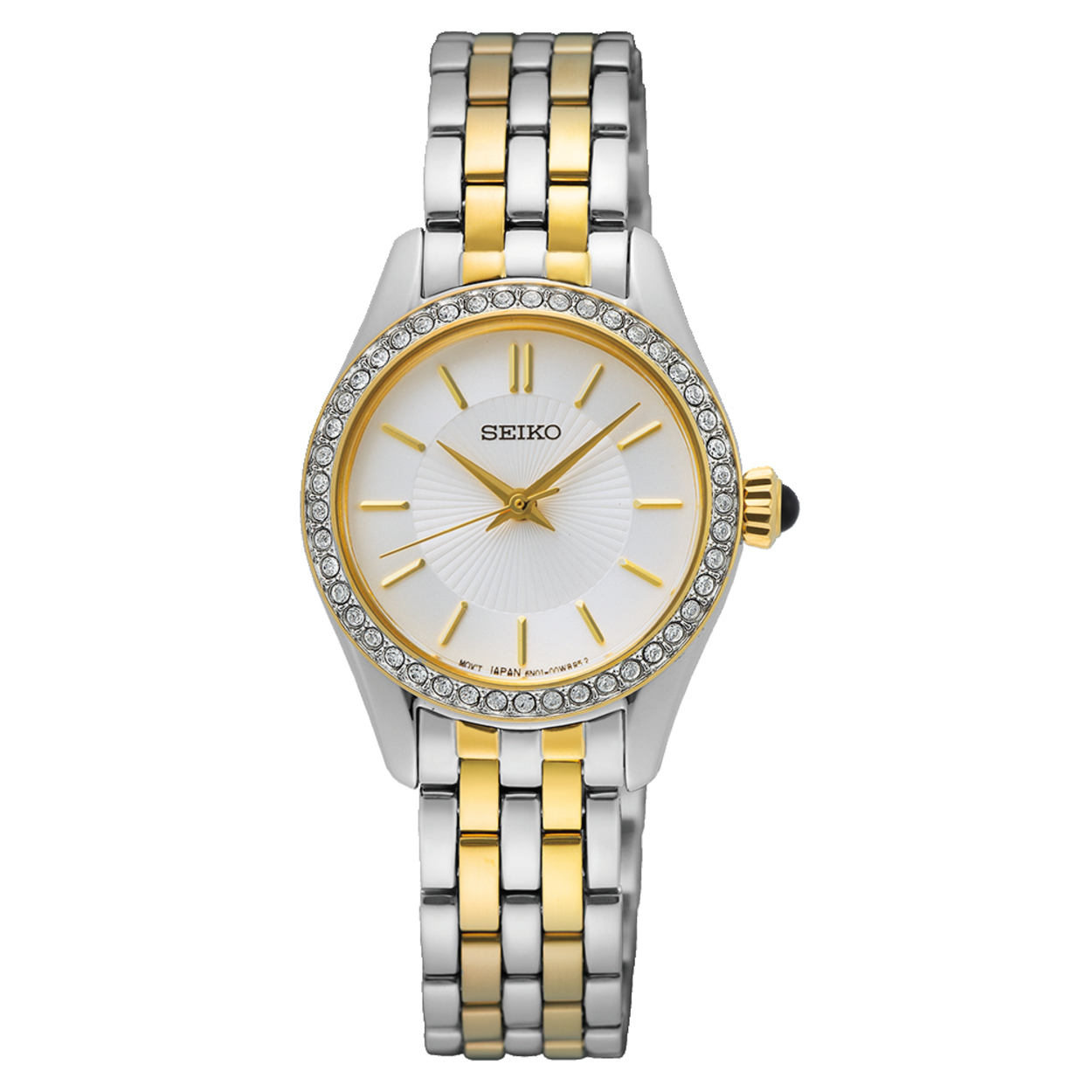Dit is een dameshorloge van het merk Seiko. Het is een analoog horloge gemaakt van staal. De diameter van de kast is 26 mm en de kast is 7 mm dik.
De verdere specificaties van het horloge zijn als volgt:
Kastvorm: rond
Kastkleur: tweekleurig
Kastmateriaal: staal
Bandbreedte: 12 mm
Bandlengte: 215 mm
Sluiting: vouwsluiting met drukker
Wijzerplaatkleur: wit
Glassoort: hardlex mineraal glas
Techniek: quartz