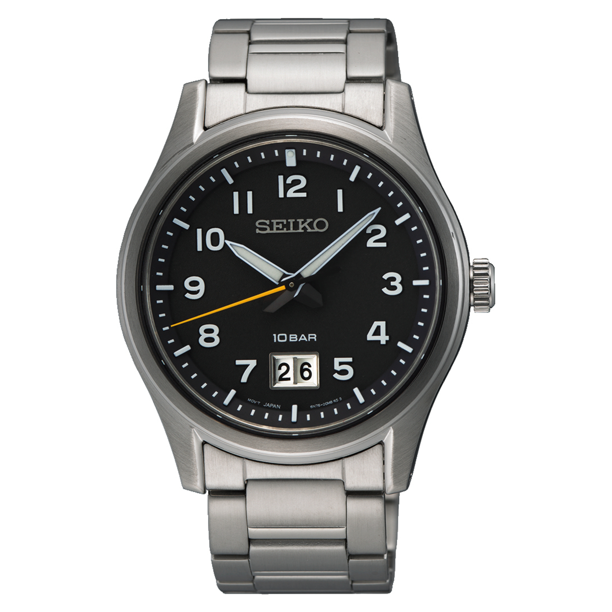 Dit is een herenhorloge van het merk Seiko. Het is een analoog horloge gemaakt van staal. De diameter van de kast is 39.5 mm en de kast is 9.78 mm dik.
De verdere specificaties van het horloge zijn als volgt:
Kastvorm: rond
Kastkleur: zilverkleurig
Kastmateriaal: staal
Bandbreedte: 20 mm
Bandlengte: 259.5 mm
Sluiting: vouwsluiting met drukker
Wijzerplaatkleur: zwart
Glassoort: saffier glas
Waterdichtheid: 10 ATM
Techniek: quartz