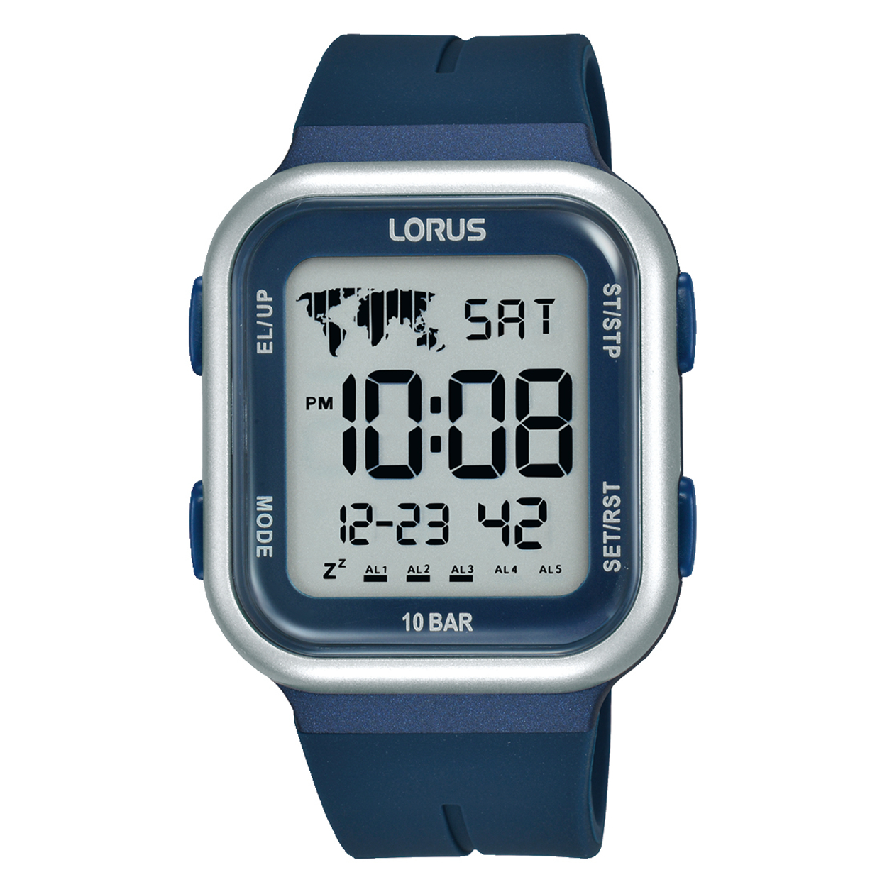 Dit is een herenhorloge van het merk Lorus. Het is een digitaal horloge gemaakt van kunststof. De diameter van de kast is 38 mm en de kast is 13 mm dik.
De verdere specificaties van het horloge zijn als volgt:
Kastvorm: tonneau
Kastkleur: blauw
Kastmateriaal: kunststof
Bandbreedte: 20 mm
Bandlengte: 268 mm
Sluiting: gesp
Wijzerplaatkleur: grijs
Glassoort: acryl glas
Waterdichtheid: 10 ATM
Techniek: quartz