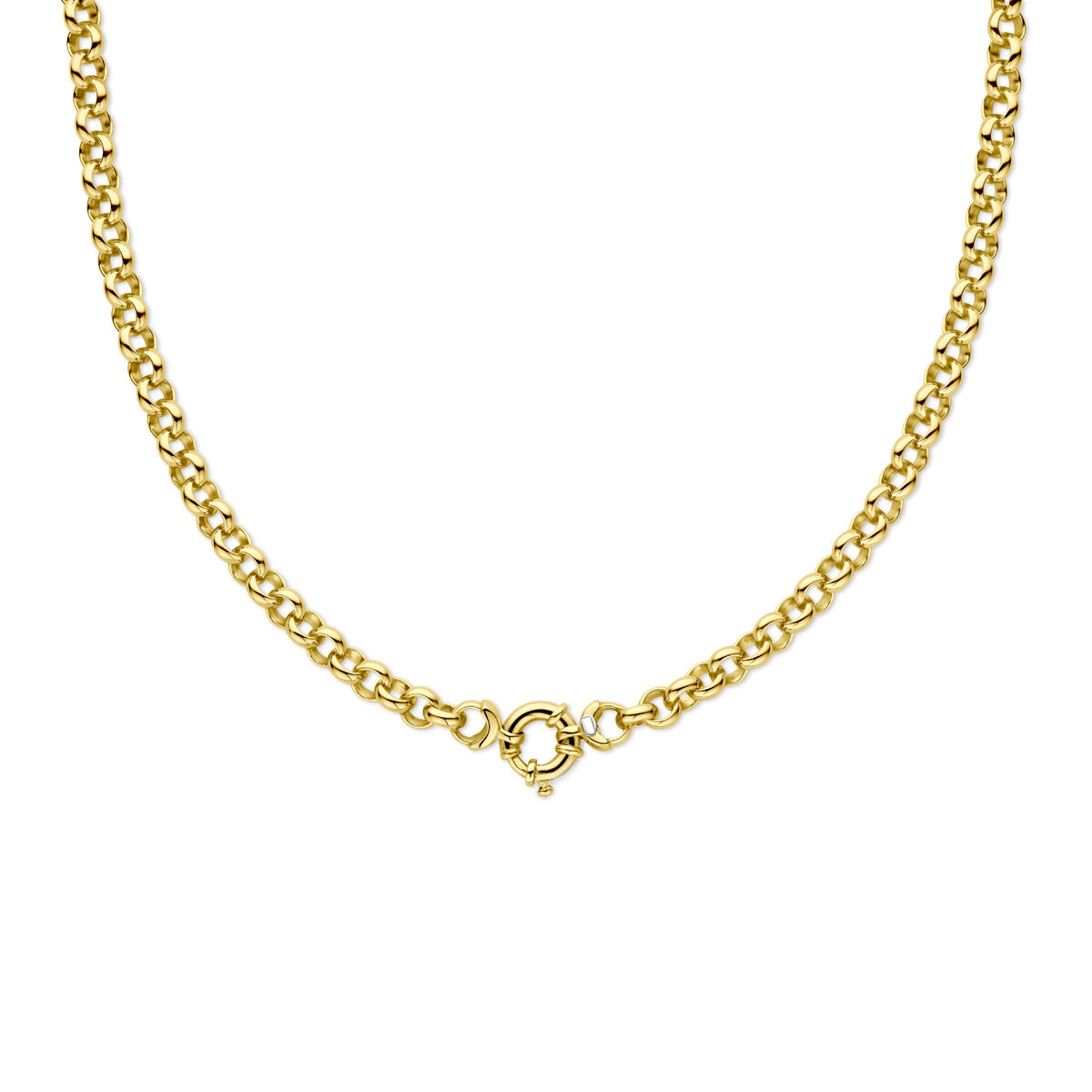SilGold Jassarom collier 7mm met grote veerring sluiting. 45 cm lang.
Sieraden van 14 karaat goud met daarin een kern van 925 zilver. Geelgouden armband met jasseron schakel. De schakelbreedte is 7.0mm.
