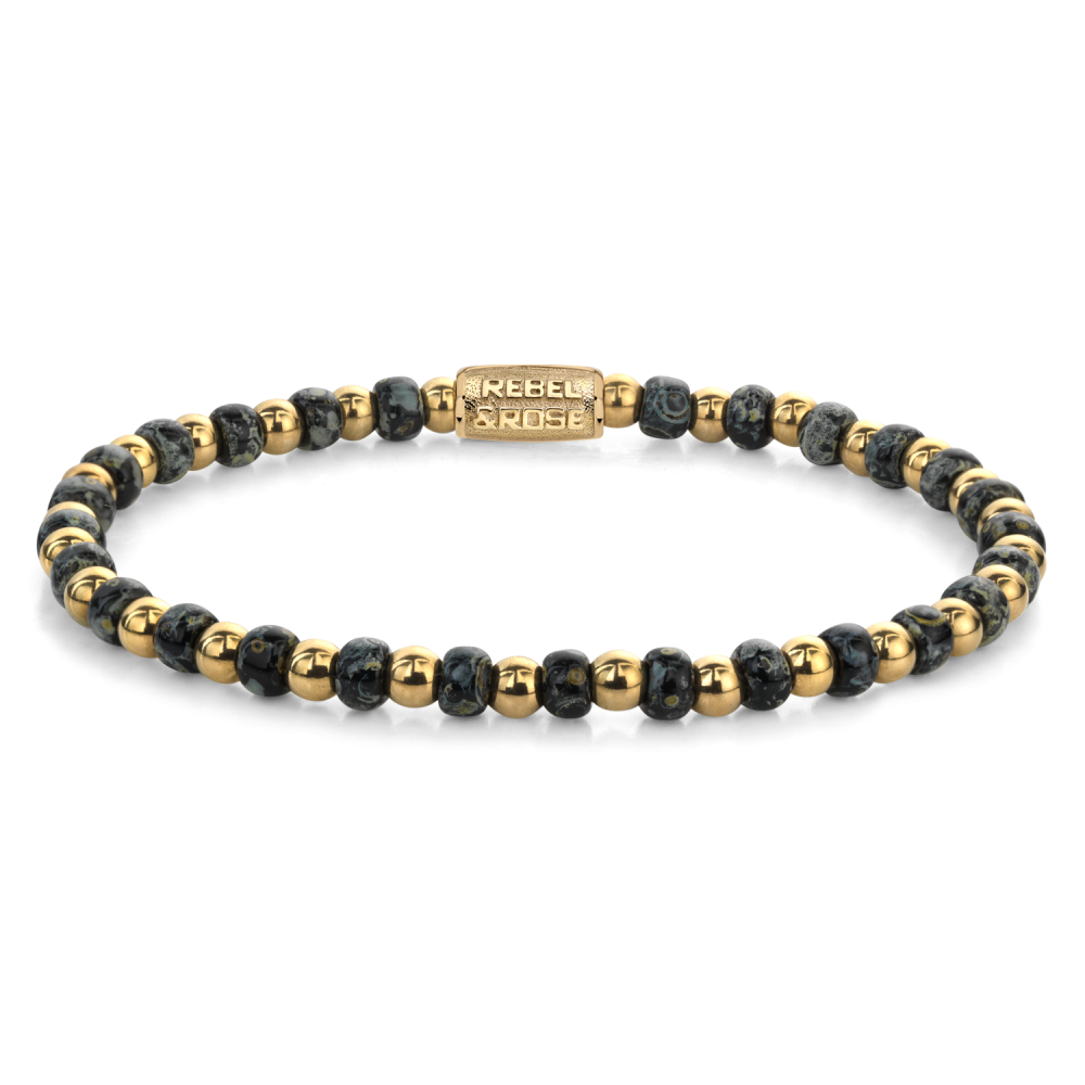 Armband van het merk Rebel & Rose. De armband heeft een hoogwaardige elastische stretch koord, met 4mm van Glas Rocailles, RVS ion-gold plated.