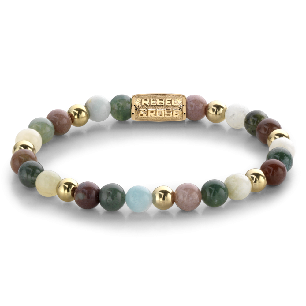 Armband van het merk Rebel & Rose. De armband heeft een hoogwaardige elastische stretch koord, met 6mm van Indian Agaat, Moss Agaat Amazoniet, RVS ion-gold plated.