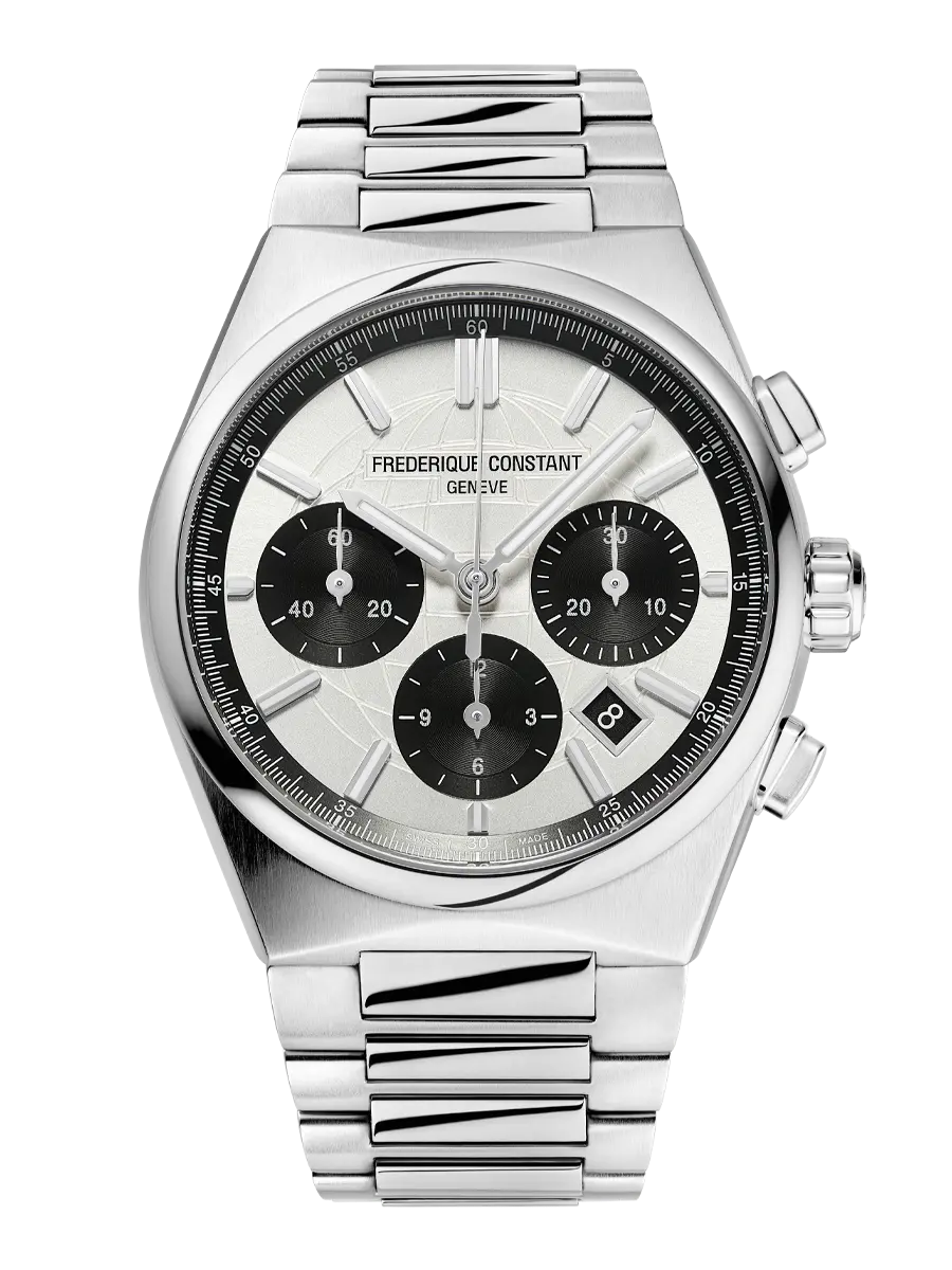 FREDERIQUE CONSTANT ELABORATE CHRONOGRAPH
Many details have been designed to make the Highlife Chronograph Automatic subtle and unique. Respecting the hallmarks of Geneva’s fine watchmaking, the Highlife Chronograph Automatic alternates polished and brushed satin finishes on its case, its sides, and bezel. Two pushers appear, at 2 and 4 o’clock. They control the start/stop of the chronograph, as well as its reset. Their profile has been slightly tilted a few degrees so that they fit harmoniously into the profile of the case. The chronograph counters have an inward curved collar, offering a more precise reading of the chronograph indications. The fine graduation of its collar allows to read the 1/5th of a second. On the back, the case features an anti-reflective sapphire crystal that allows you to admire the automatic movement and its chronograph module – including its column wheel located at 3 o’clock.