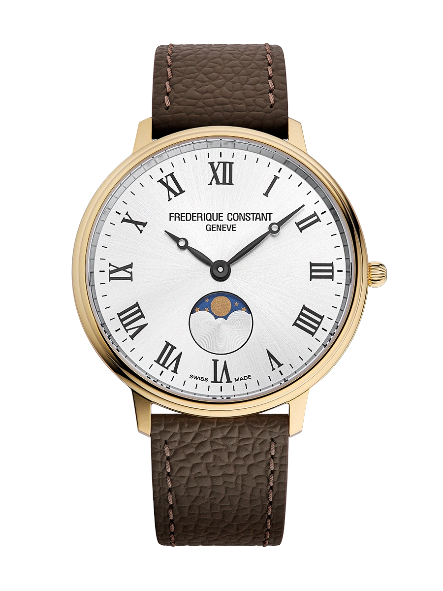 Classics Quartz Moonphase: Timeless Golden Elegance
Discover the Classics Quartz Moonphase watch, a timepiece that combines classic sophistication with poetic functionality. Its three-part case, polished yellow gold-plated and 39 mm in diameter, houses the FC-206 quartz movement, equipped with 5 jewels and offering an impressive battery life of 60 months. The silver dial, enhanced by a sunray finish, is adorned with printed black Roman numerals and elegant black hour and minute hands. The moon phase complication, positioned at 6 o’clock, adds a celestial touch to the design. Protected by a convex anti-reflective sapphire crystal and water-resistant to 5 ATM (50m/165ft), this watch is completed by a dark brown calfskin leather strap embossed with a grained pattern, fastened with a pin buckle, ensuring distinctive comfort and style for all occasions.