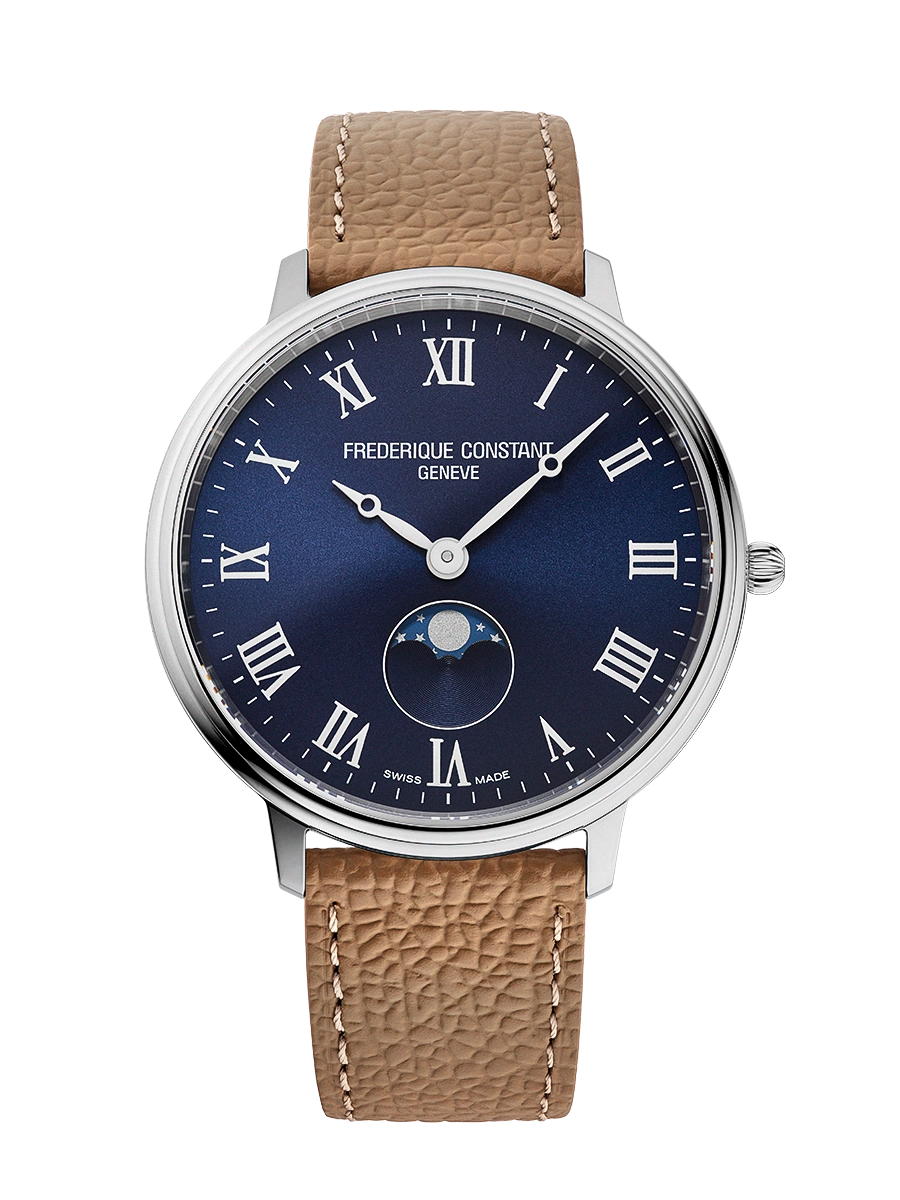 Classics Quartz Moonphase: Celestial Elegance on Your Wrist
Discover the Classics Quartz Moonphase watch, a sophisticated timepiece that combines the art of watchmaking with timeless elegance. Its polished stainless steel case, measuring 39 mm in diameter and 7.65 mm in height, houses the FC-206 quartz movement, featuring 5 jewels and a remarkable battery life of 60 months. The navy blue dial, enhanced by a sunray finish, features printed white Roman numerals and white hands for perfect readability. The moon phase complication, positioned at 6 o’clock, adds a poetic touch to this refined design. Protected by a convex anti-reflective sapphire crystal and water-resistant to 5 ATM (50m/165ft), this watch is completed by a brown calfskin leather strap embossed with a grained pattern, fastened with a pin buckle, ensuring distinctive comfort and style.