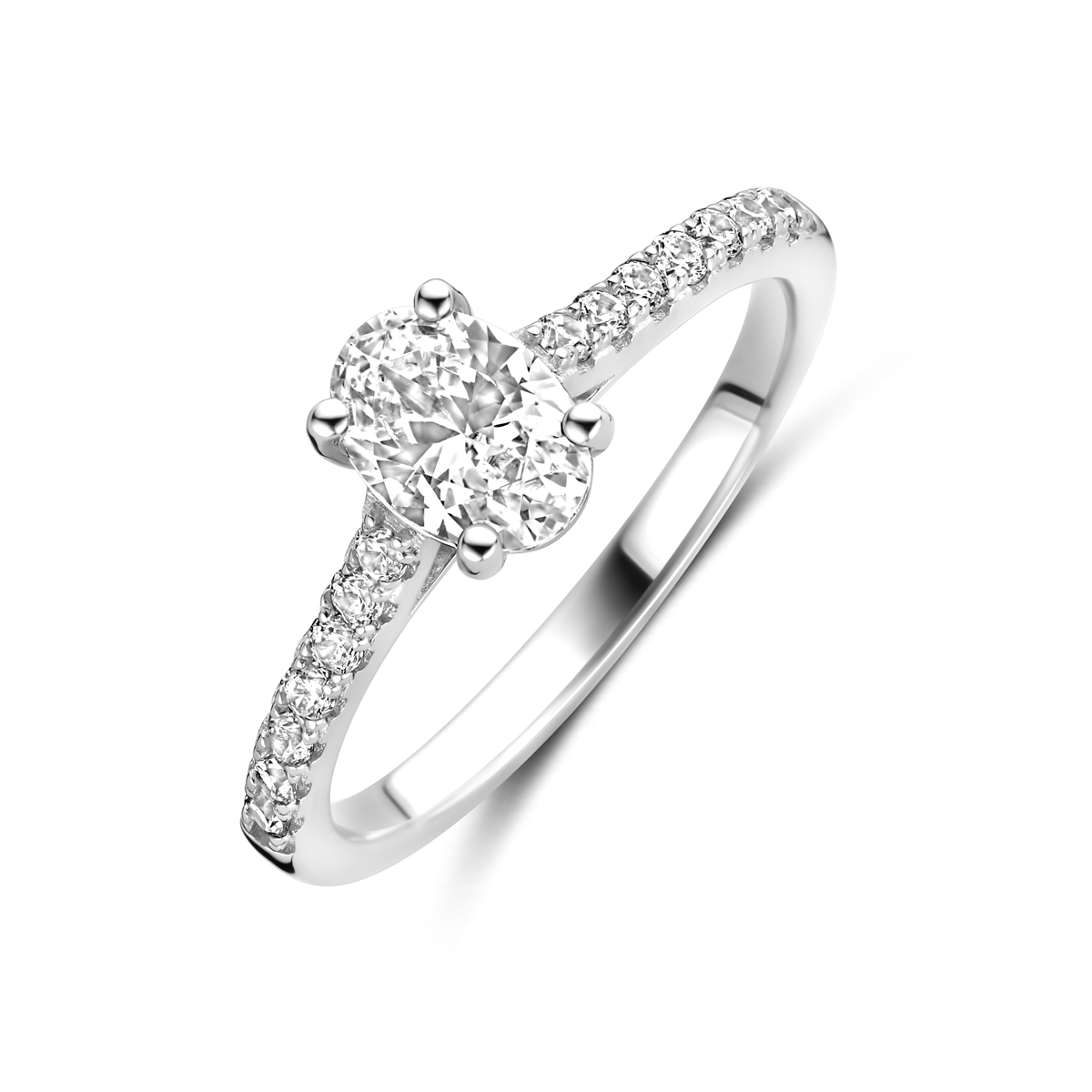 Gerhodineerd 925 zilveren ring uitgevoerd met zirkonia. De steen heeft een afmeting van 7x5mm.