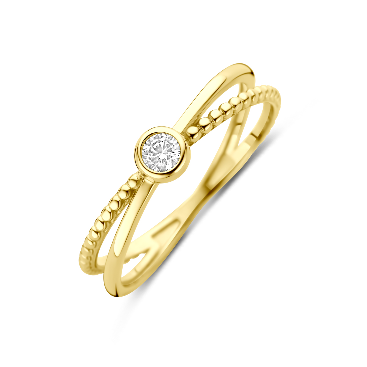 14k Geelgouden ring uitgevoerd met zirkonia. De ring heeft een breedte van 4mm.