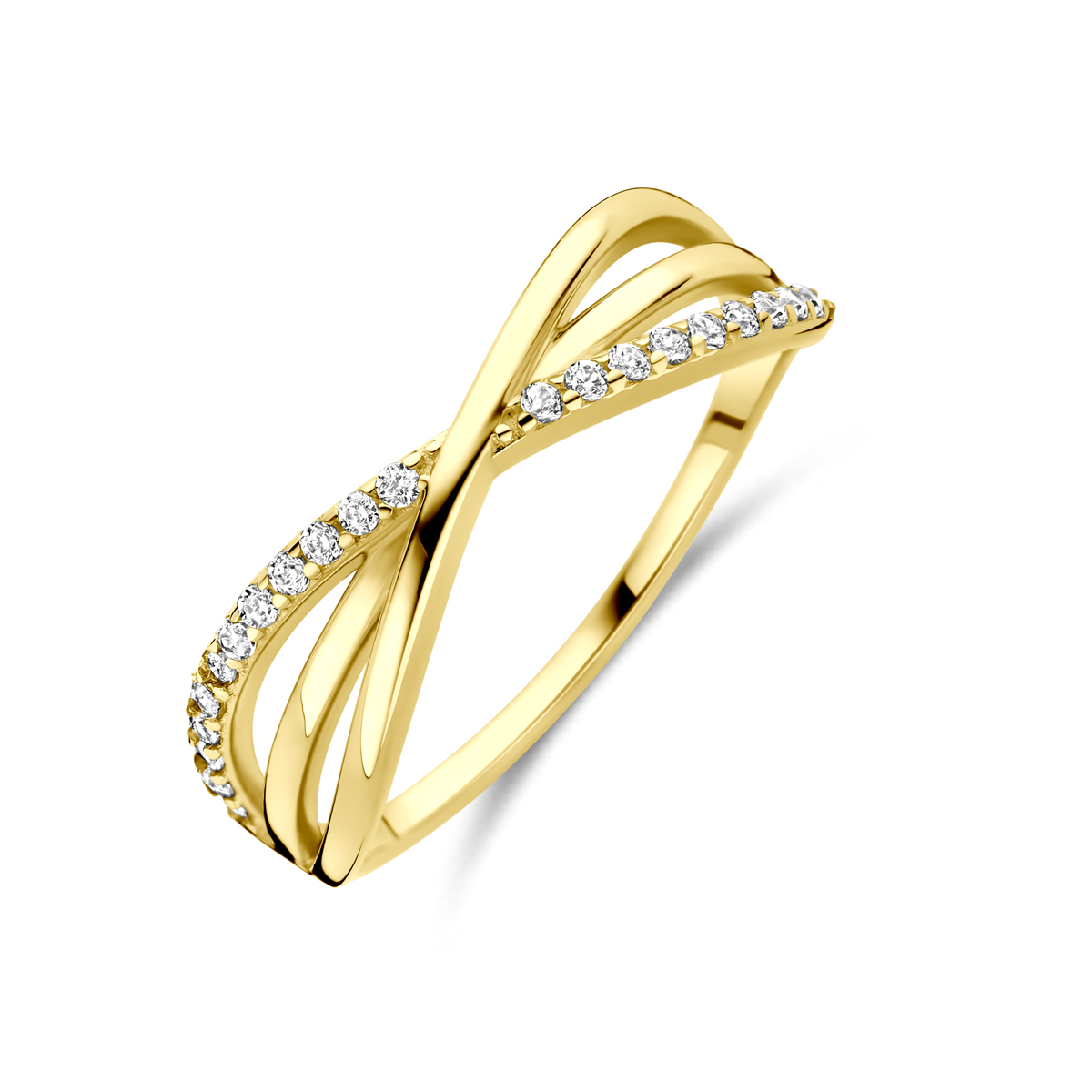 14k Geelgouden ring uitgevoerd met zirkonia. De ring heeft een breedte van 6mm.