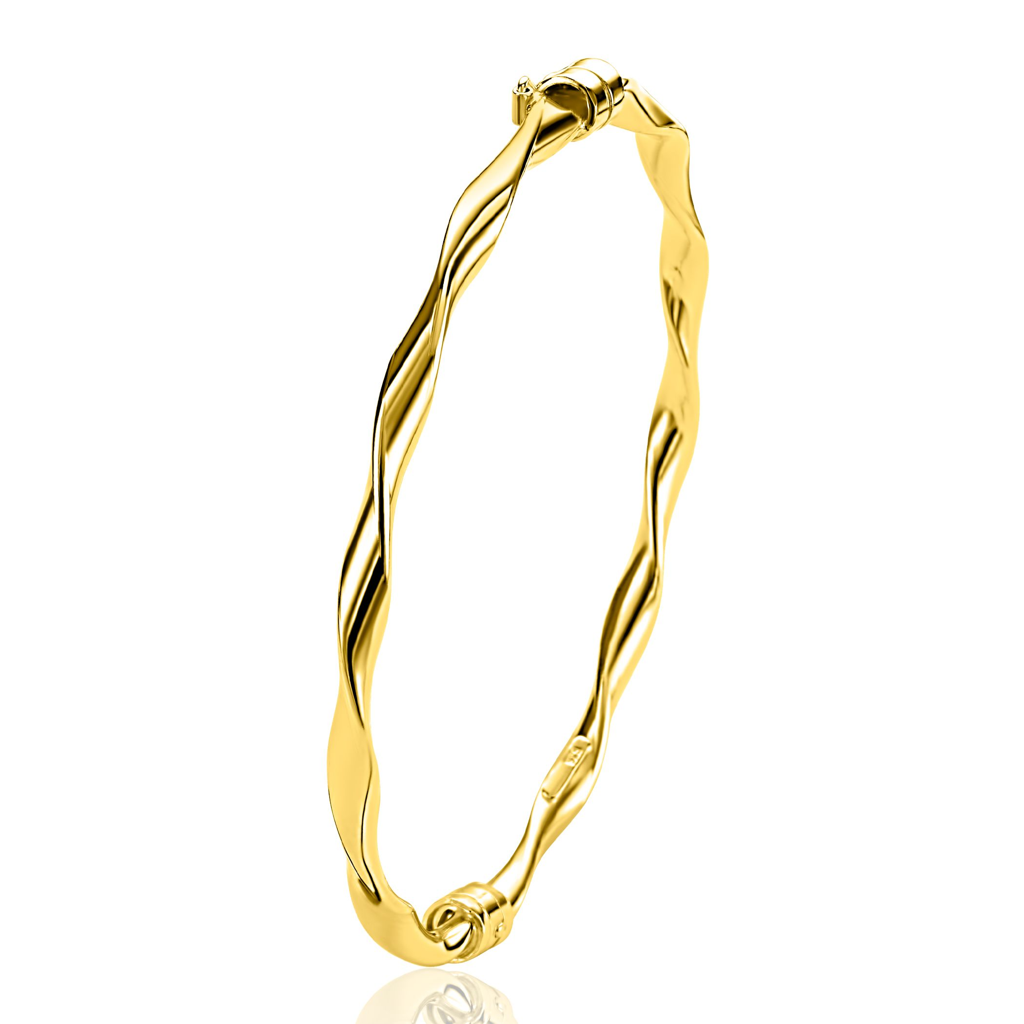 ZINZI gold plated zilveren bangle armband met gedraaide buis (4mm breed) en een exclusieve scharniersluiting voor eenvoudig om- en afdoen. Vervaardigd van eerste gehalte zilver (925) en extra geel verguld.