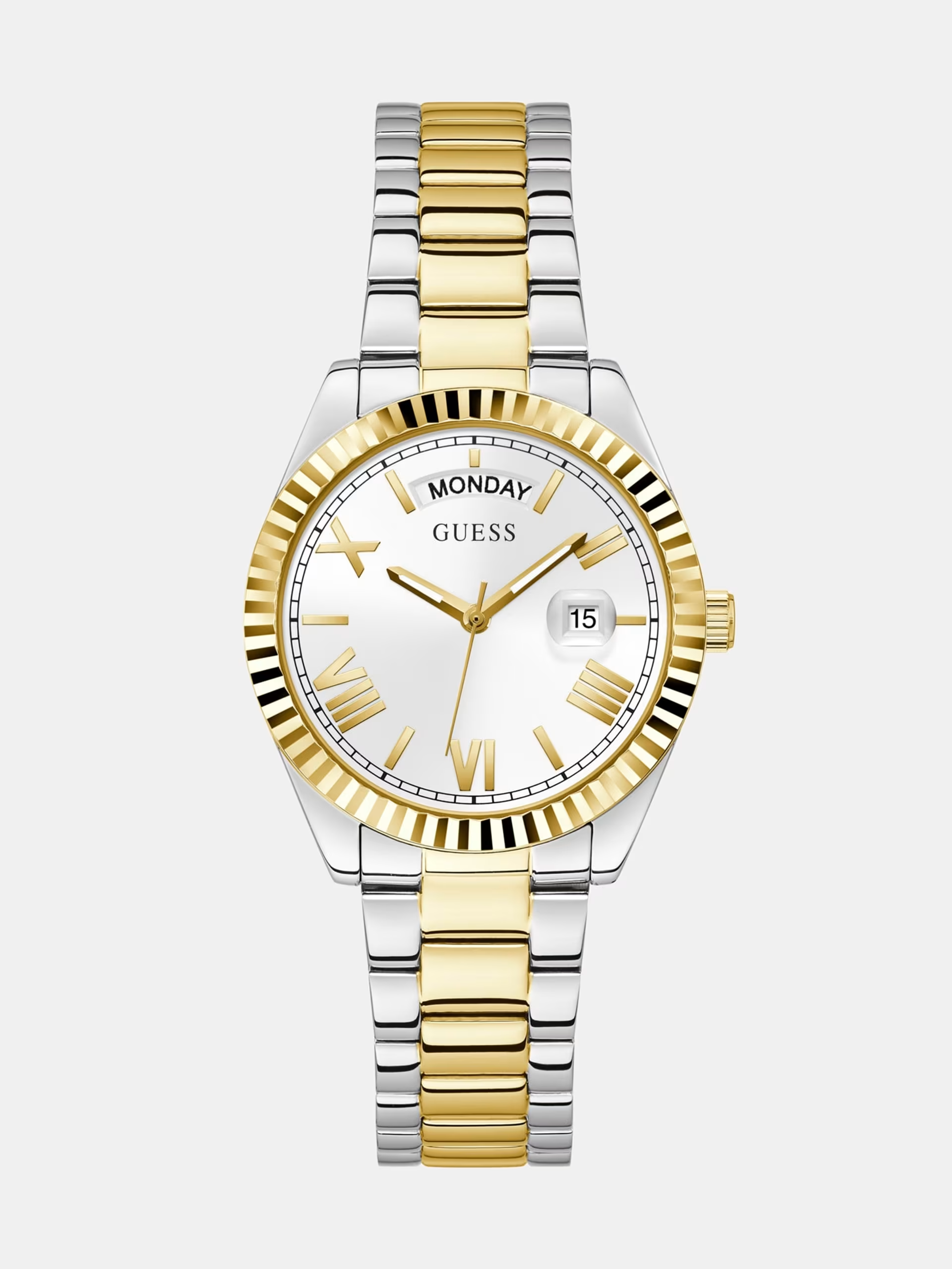 Dameshorloge van het merk Guess, model Luna Zilverkleurige roestvrijstalen behuizing met mineraalglas, goudkleurige lunette, diameter behuizing: ca. 36,0 mm (zonder kroon). Hoogte horlogekast: ca. 8,5 mm Tweekleurige roestvrijstalen armband met vouwsluiting Zilverkleurige wijzerplaat met uur- en minuten- en secondenweergave, datumweergave.